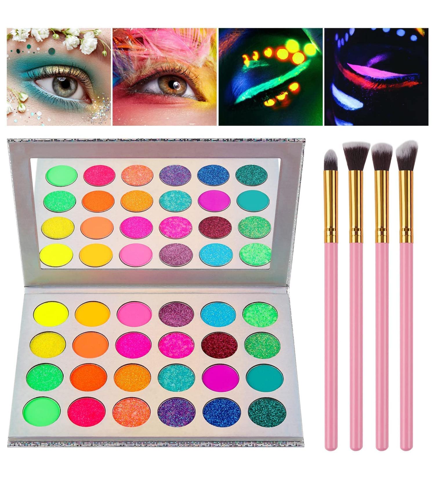 Kalolary Glow in the Dark Neon Eyeshadow Palette - 24 Colors, UV Glow, Matte & Glitter, Highly Pigmented, with 4 Brushes - Buy Online on SooperMarket.com