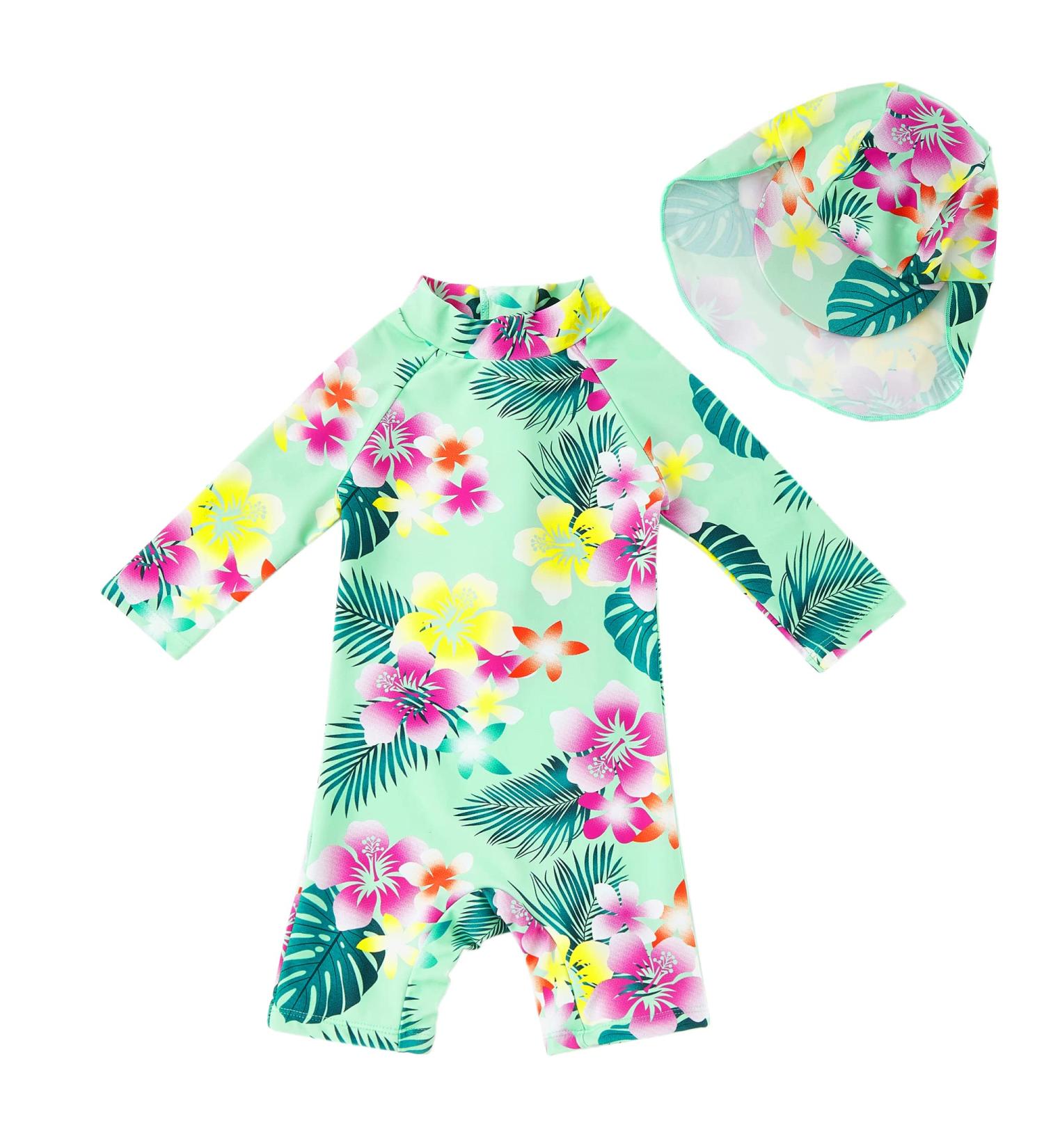 UPF 50+ Baby Girl One Piece Swimwear with Sun Hat | Toddler Swimsuit Set | Green Flower | 3-6 Months - Buy Online on SooperMarket.com