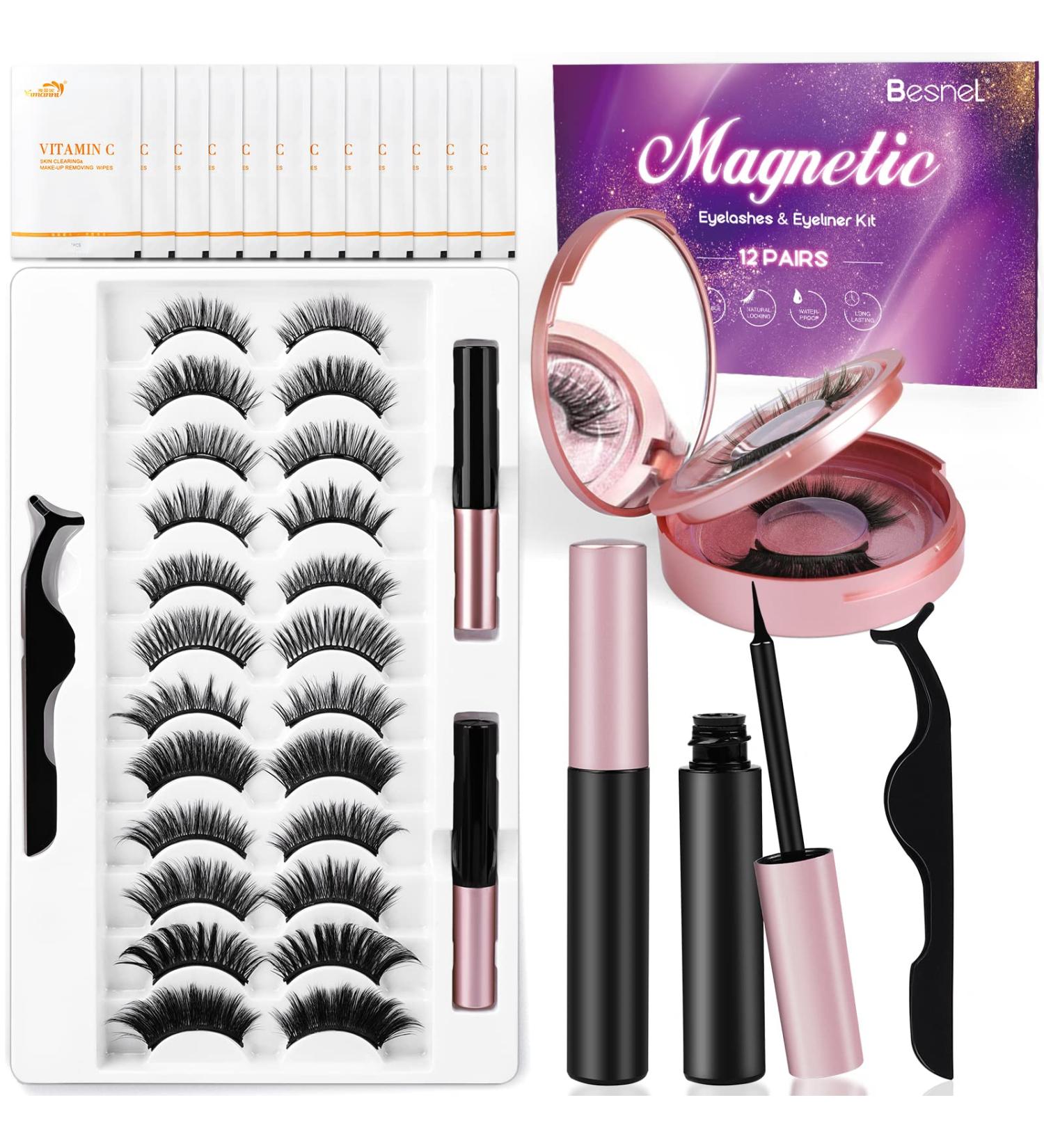 Besnel Magnetic Eyelashes and Eyeliner Kit - 12 Pairs Premium 3D/5D Magnetic Eyelashes with Tweezers and 2 Tubes of Magnetic Eyeliner - Reusable, Easy to Apply, No Glue Needed - Natural Look for Women and Girls - Buy Online on SooperMarket.com