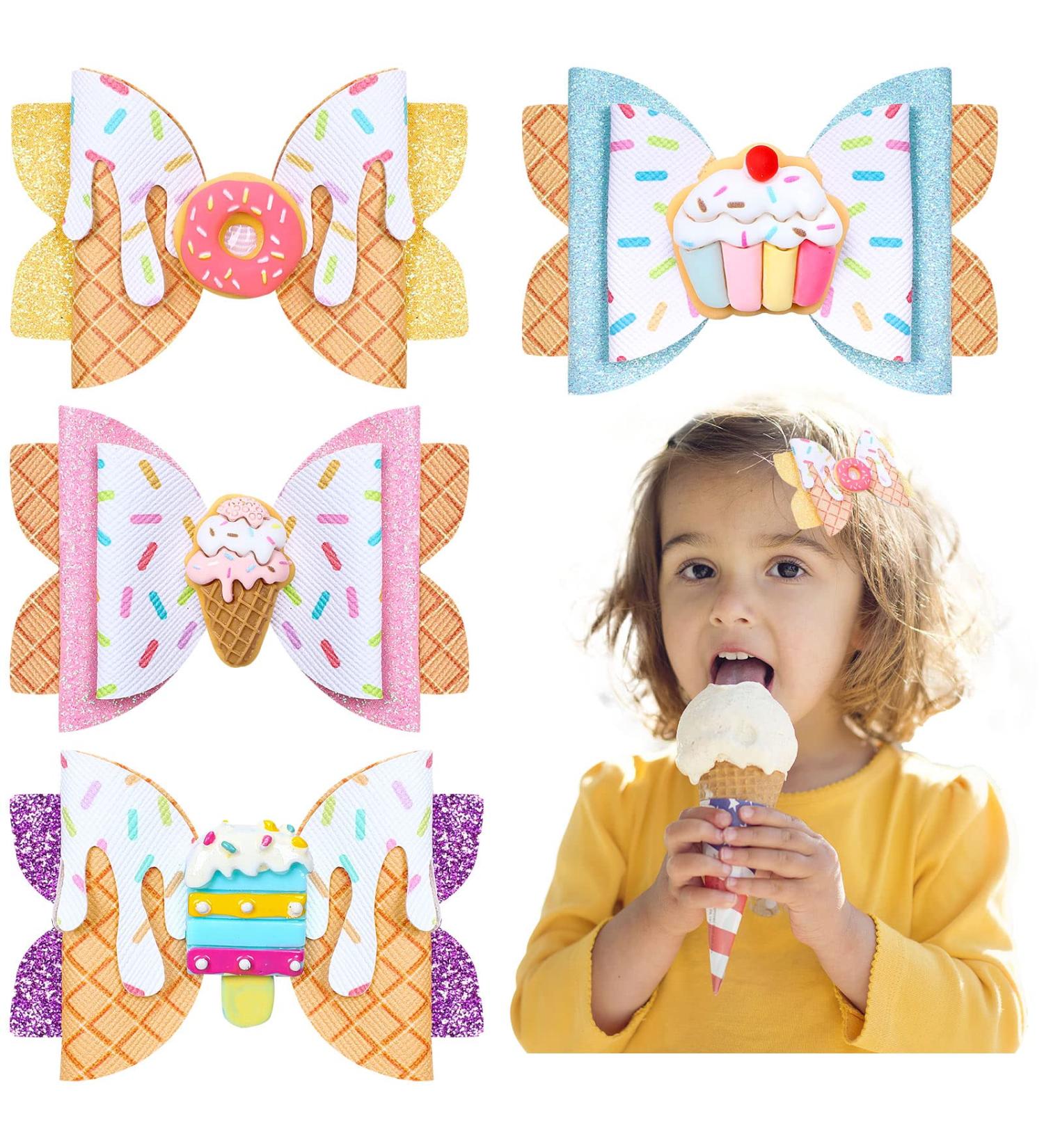 Whaline 4Pcs Dessert Glitter Bow Hair Clips - Summer Colorful Leather Hairgrips for Girls and Women - Birthday Party Hair Accessories - Buy Online on SooperMarket.com