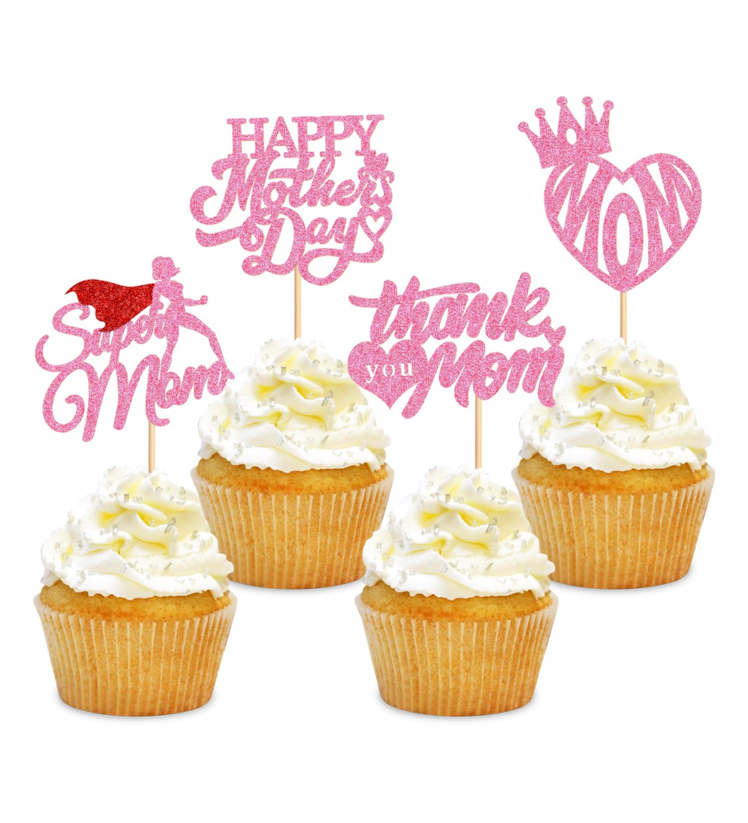 Cyodoos 24 Pcs Happy Mothers Day Cupcake Toppers Glitter Cake Toppers Cupcake superman Thank you Mom Happy Birthday Party Supplies Decorations Pink - Buy Online on SooperMarket.com