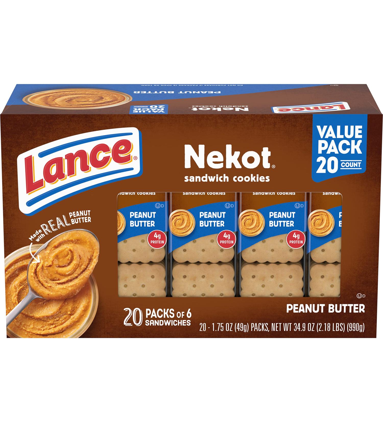 Lance Nekot Peanut Butter Sandwich Cookies - 20 Individually Wrapped Packs, 6 Sandwiches Each (Pack of 6) - Buy Online on SooperMarket.com