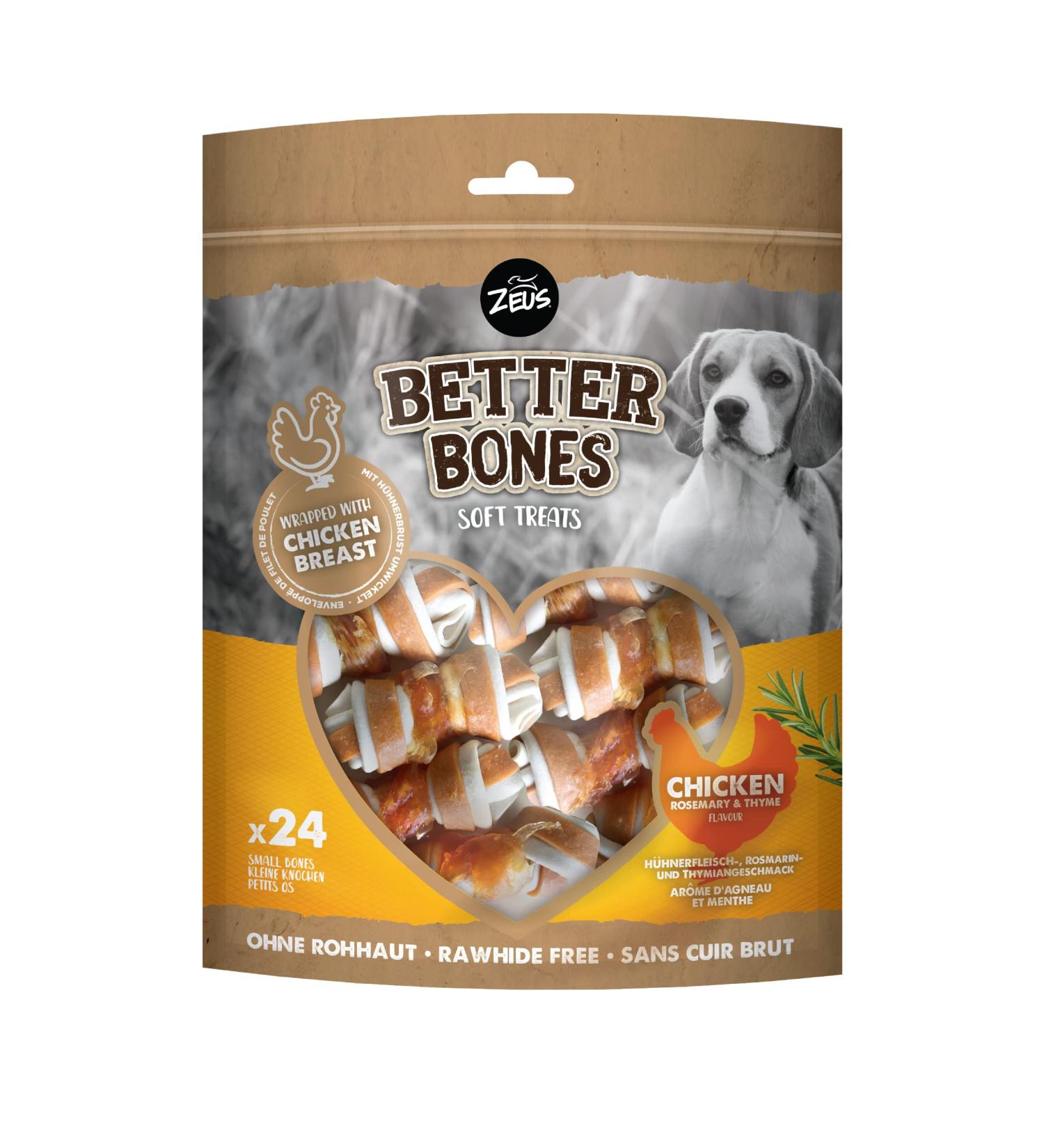BetterBones soft chew snack for dogs without rawhide wrapped bones with chicken rosemary and thyme 7.5cm pack of 24