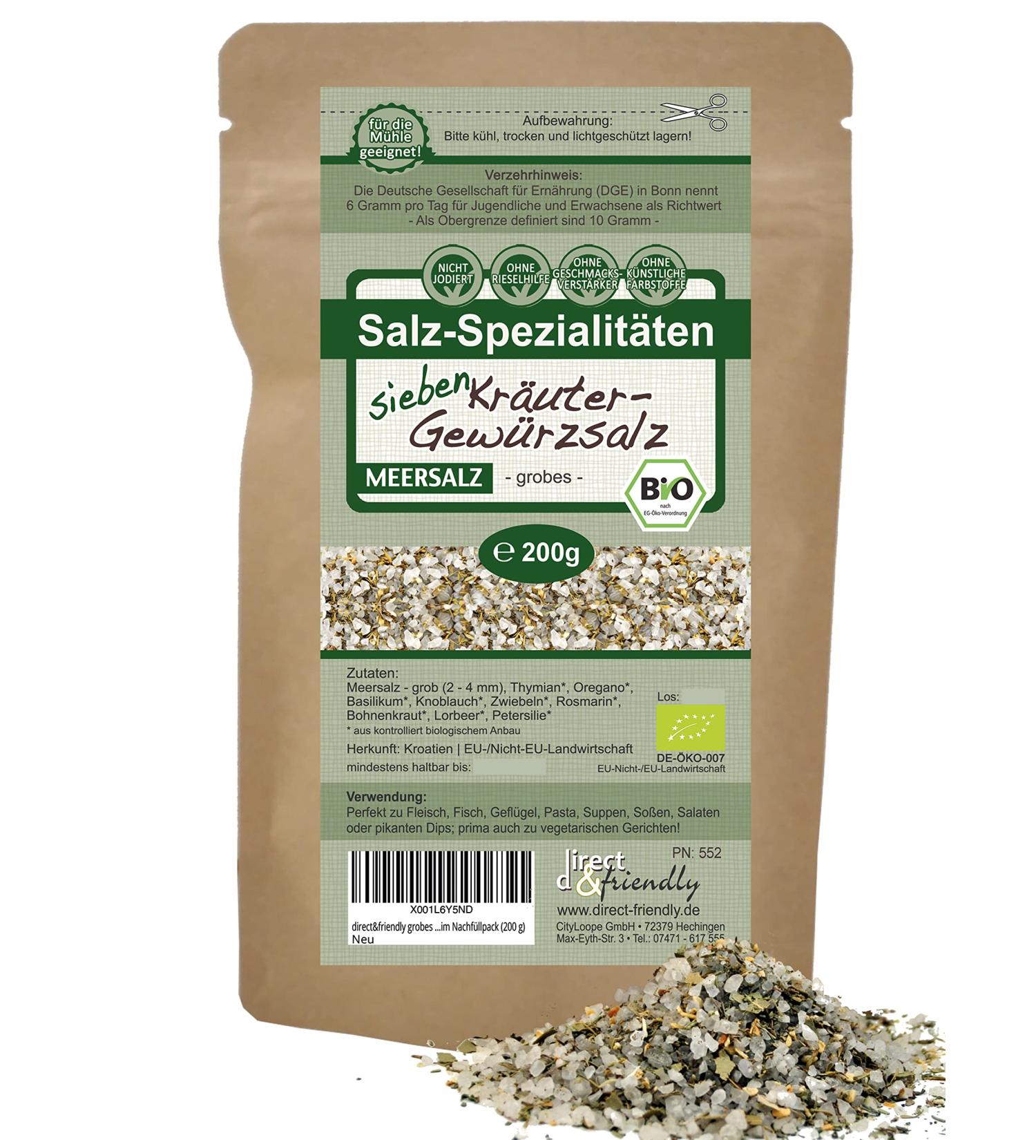 Direct & Friendly Coarse Sea Salt with 7 Organic Herbs - Refill Pack (200g) for International Shipping - Buy Online on SooperMarket.com