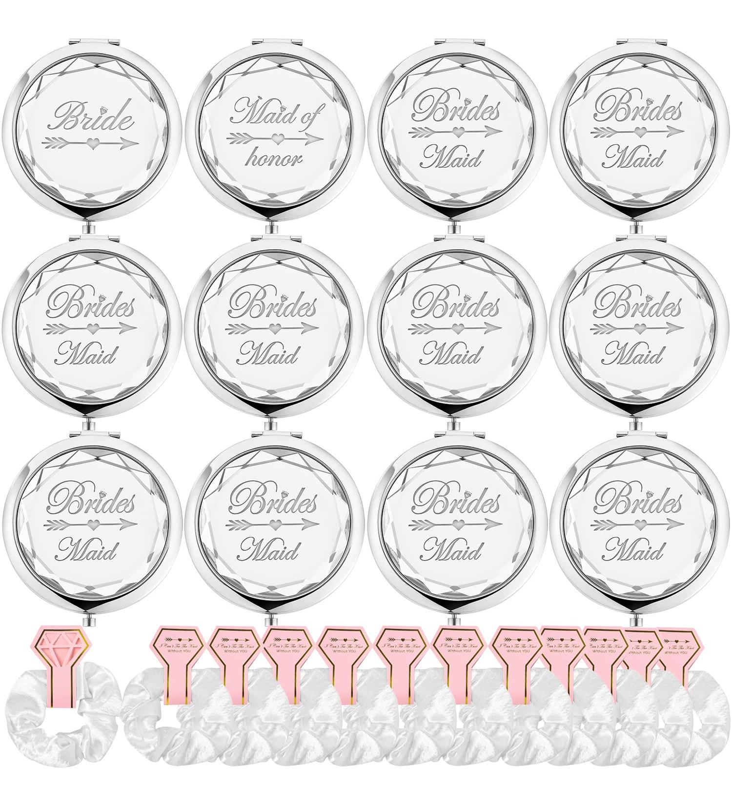 12 Pack Compact Pocket Makeup Mirrors with Bride, Maid of Honor, Bridesmaid Designs + Bachelorette Party Hair Ties - Silver - Buy Online on SooperMarket.com
