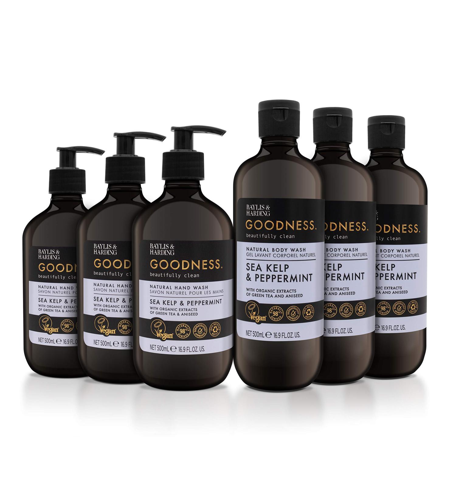 Baylis & Harding Goodness Sea Kelp & Peppermint Toiletries Bundle - 6 x 500ml Vegan Body & Hand Wash - Buy Online on SooperMarket.com