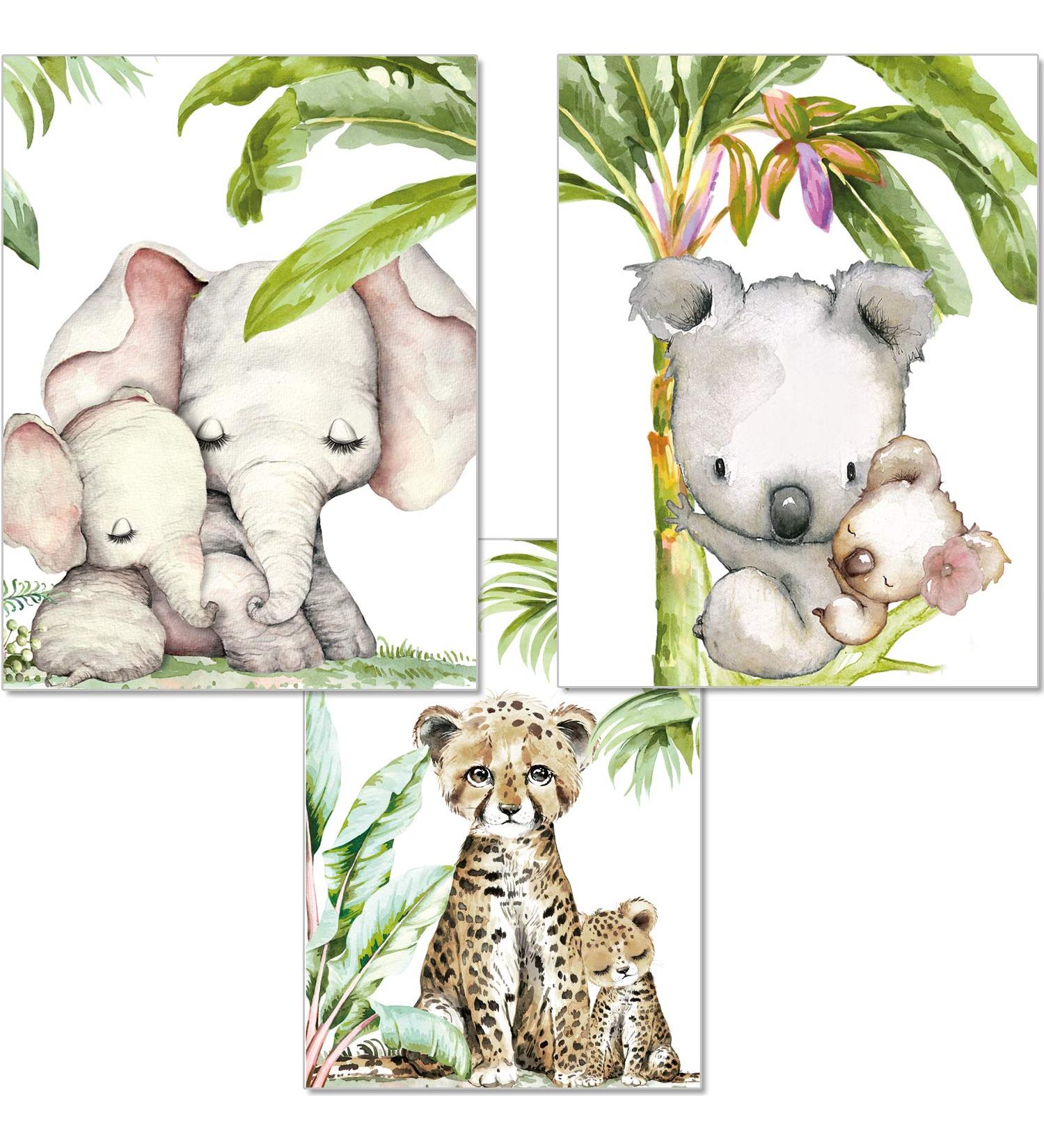 Set of 3 Jungle Animal Pictures for Children's Room Decor - Elephant, Tiger, Koala - Safari Theme - (DIN A4) - Unframed - Buy Online on SooperMarket.com