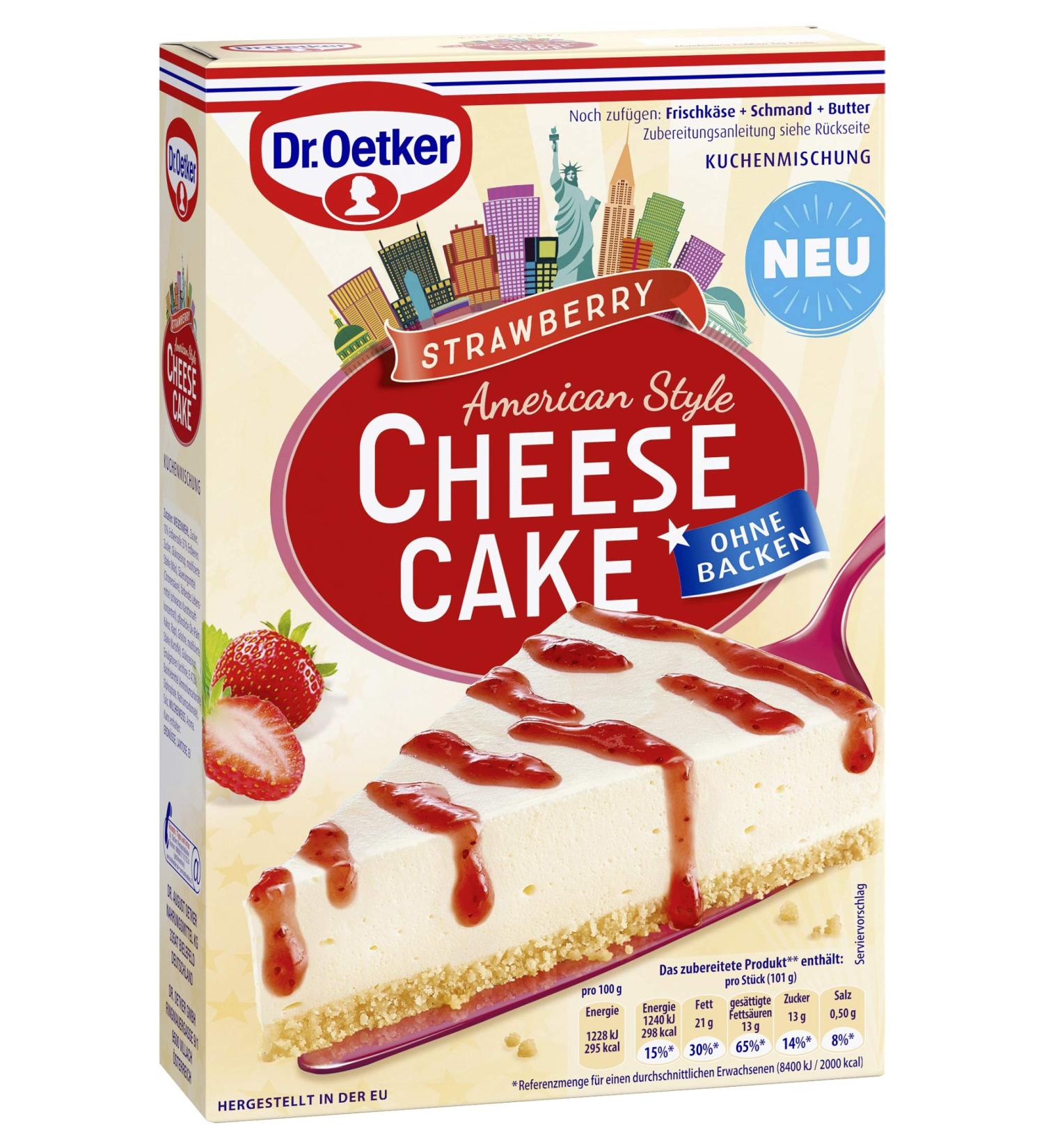 Dr.Oetker Cheesecake American Style Strawberry 320g | No-Bake Baking Mix with Fruity Strawberry Sauce - Easy Dessert Recipe - Buy Online on SooperMarket.com