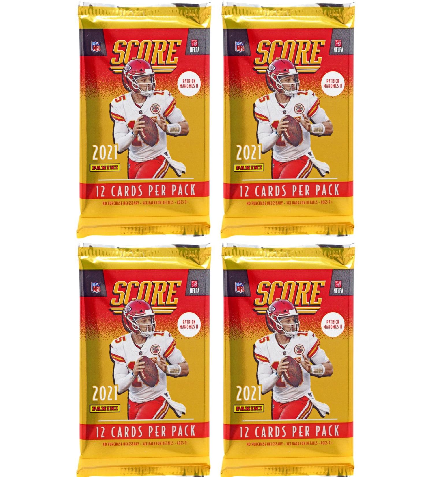 2021 Score NFL Football Collection of FOUR (4) Factory Sealed Packs with 48 Cards! Loaded with ROOKIES & INSERTS! Look RC & AUTOS of Trevor Lawrence, Justin Fields, Zach Wilson & Many More!