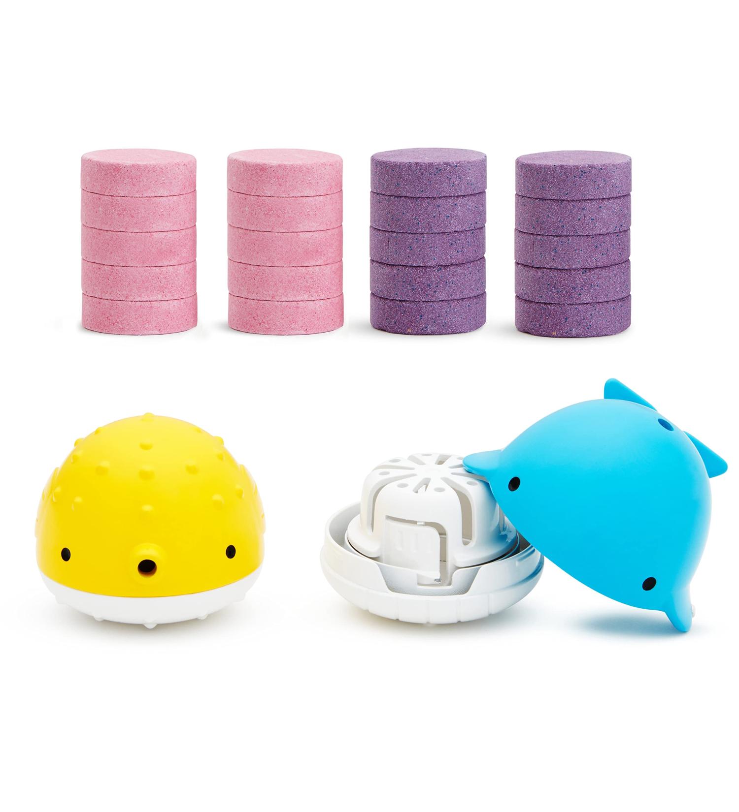 Munchkin Baby Bath Bombs & Toy Donor Set | Fun Water-Dyeing Tablets & Moisturizing Shower Toys for Kids - 20 Bombs & 2 Dispensers - Buy Online on SooperMarket.com