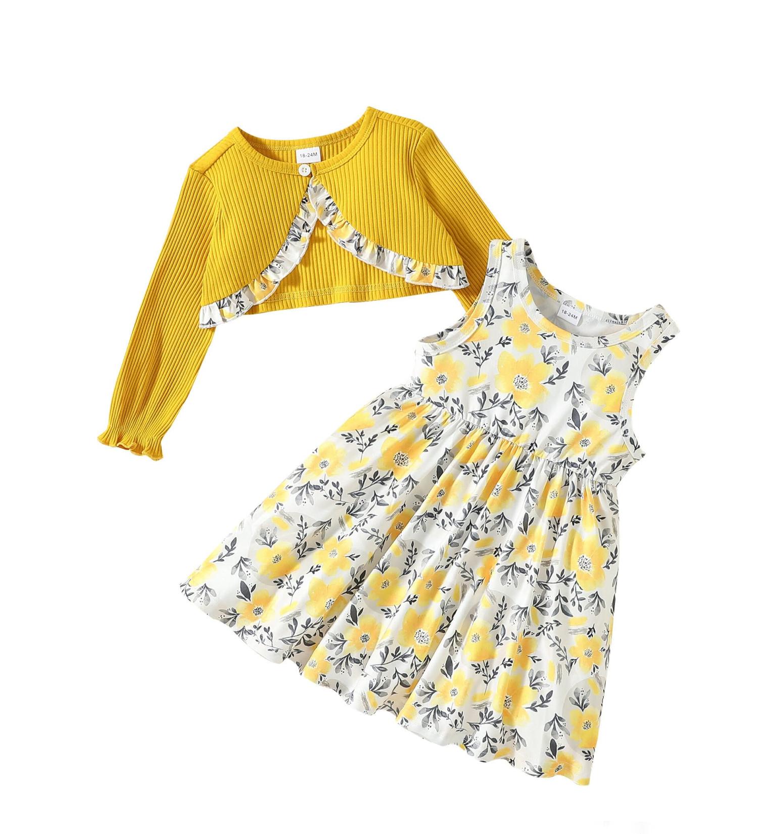 Puseky Toddler Girl Floral Print Sleeveless Dress and Ribbed Cardigan Set - 18-24 Months Yellow - Buy Online on SooperMarket.com