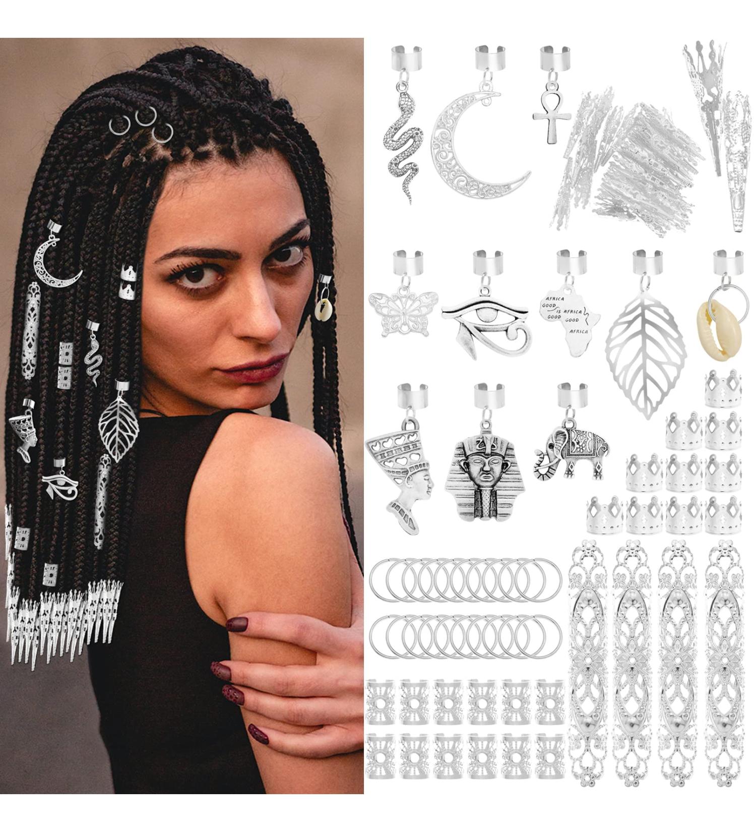 Dreadlocks Locs Jewelry Set - 107 Pieces Stainless Steel Clips & Charms for African Braids, Adjustable Hair Cuffs - Butterfly, Shell, Leaf, Snake, Moon, Cross - Silver Dreadlock Accessories - Buy Online on SooperMarket.com