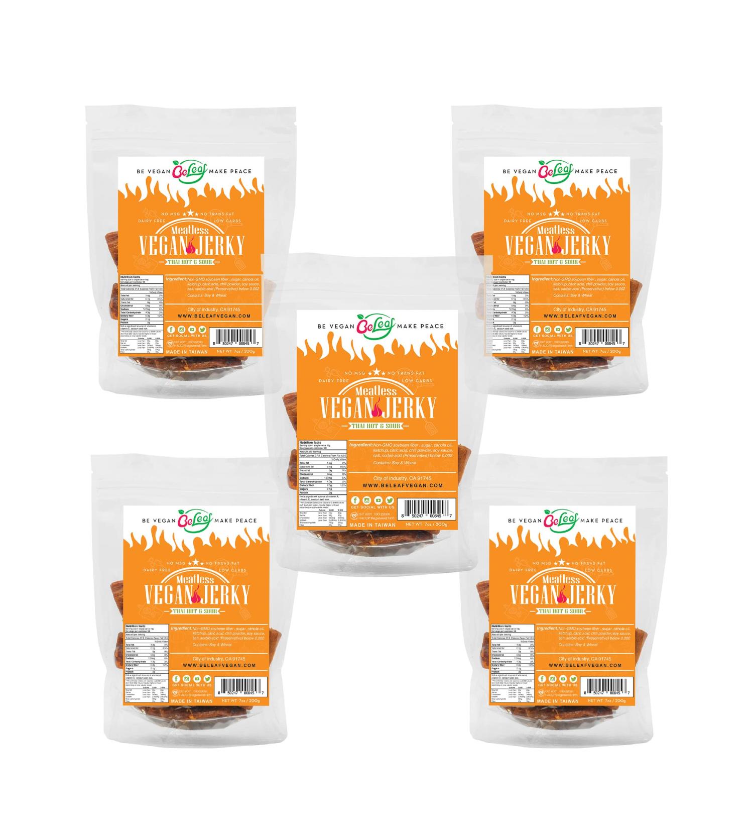 BE LEAF Thai Hot & Sour Vegan Jerky - Bold & Delicious Meat Substitute | Plant-Based Protein Snack | Low Carb, Non-GMO, Dairy Free | Natural Ingredients | 5 Packs of 7 oz - Buy Online on SooperMarket.com