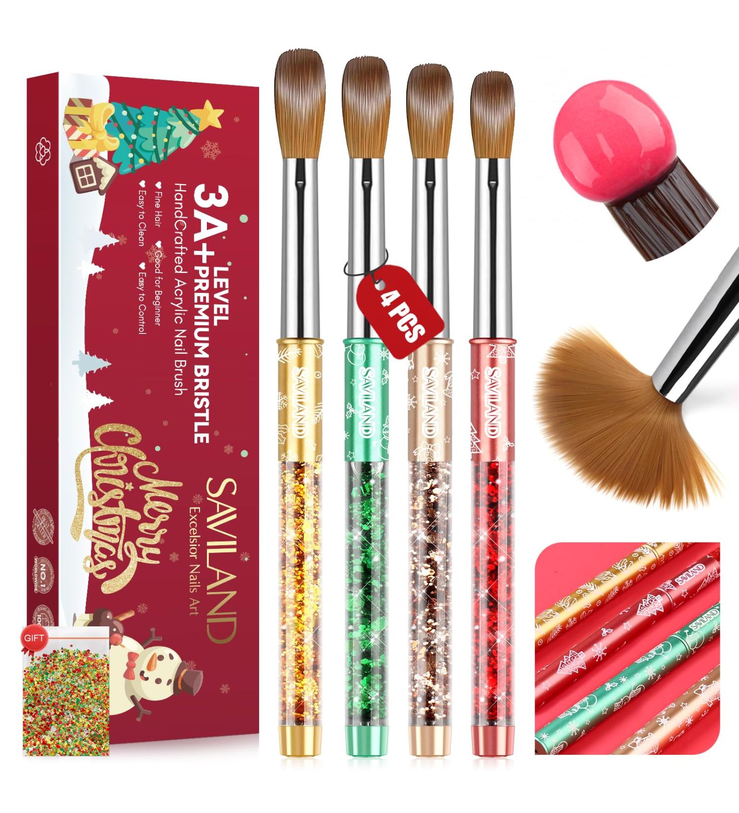 Saviland Christmas Acrylic Nail Brush Set - 4PCS Nail Art Brushes for Acrylic Powder & Liquid Monomer - Glitter Nail Art Tool for Manicure - Women's Gift Set (Size 6/10/12/14) - Buy Online on SooperMarket.com