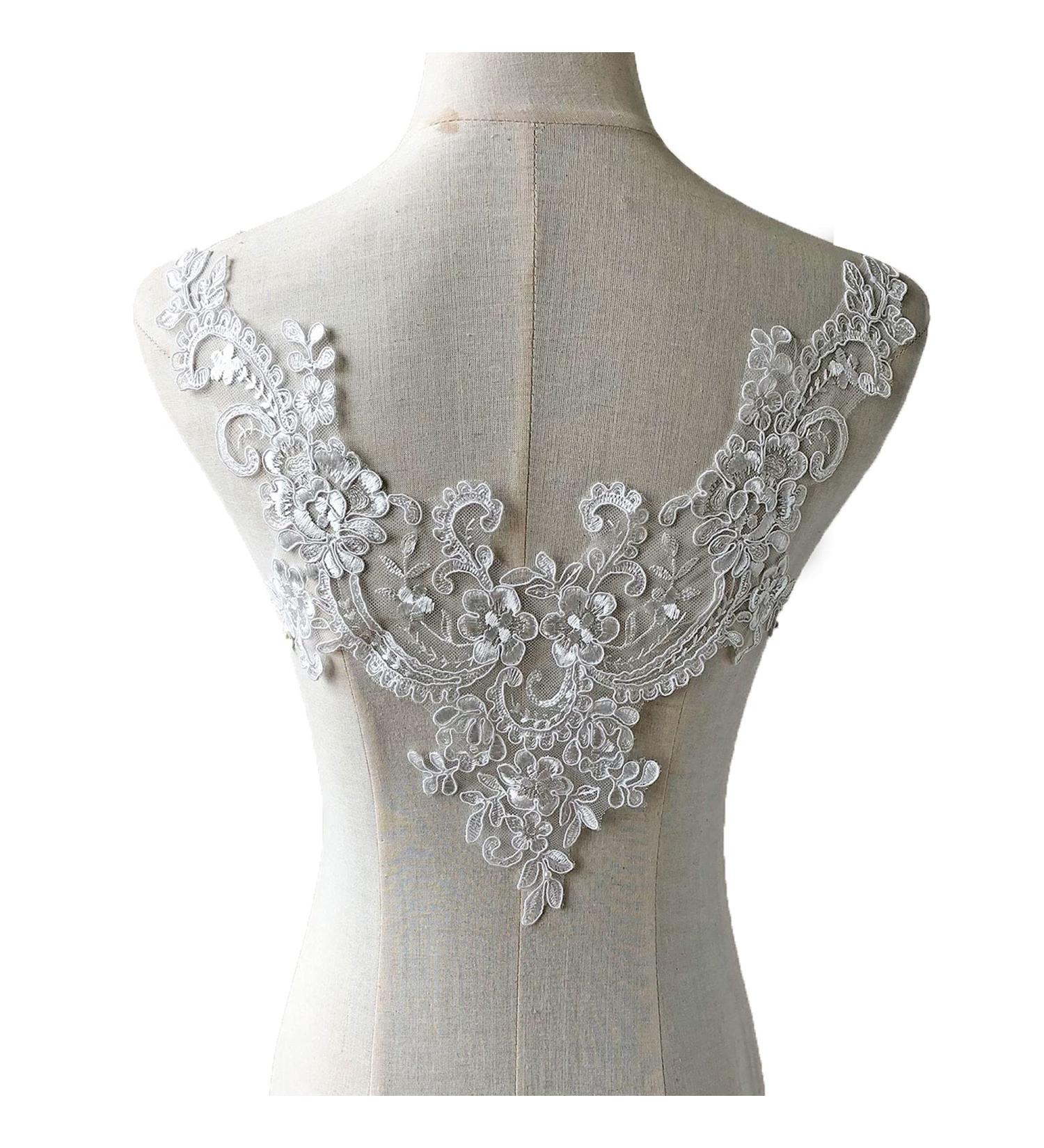 V-Neck Lace Applique Collar Patch for Wedding Dress - Floral Embroidery Trim for Gowns and Costumes - Buy Online on SooperMarket.com