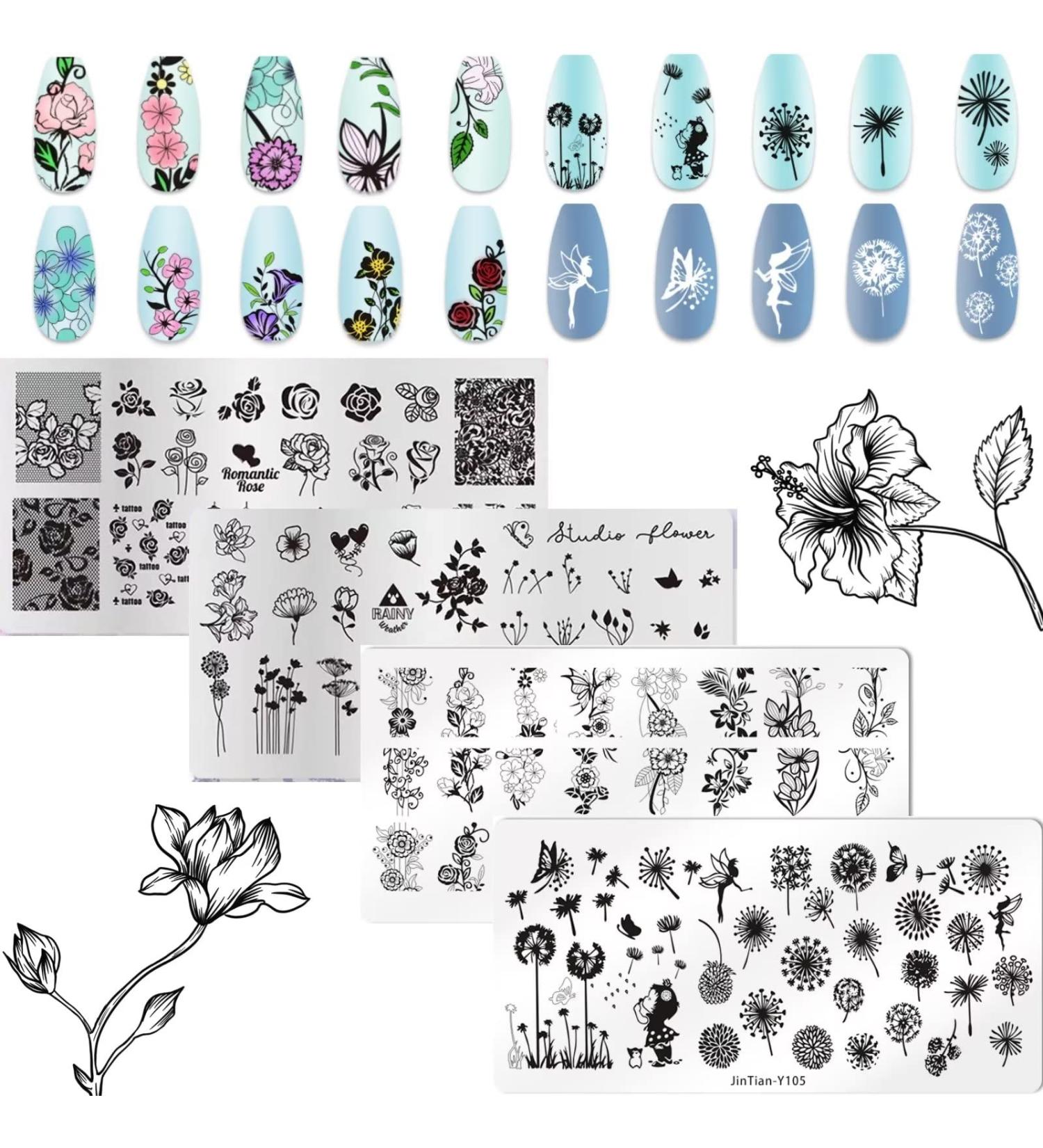 4Pcs Flower & Butterfly Nail Stamp Plates - DIY Manicure Art Stamping - Buy Online on SooperMarket.com