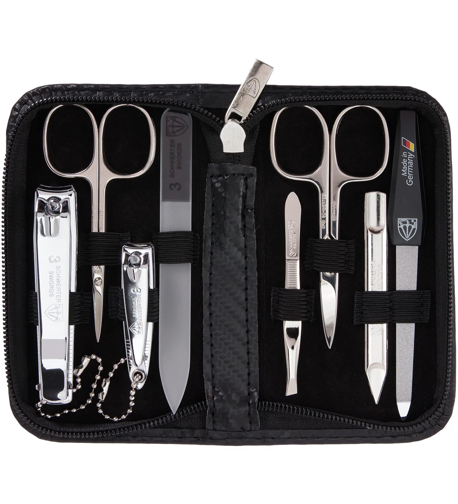 High-Quality 8-Piece Manicure Set 'Roma' - Deep Black Synthetic Leather Etui | Nail Scissors Tweezers Glass Nail Files & More - International Shipping Available - Buy Online on SooperMarket.com