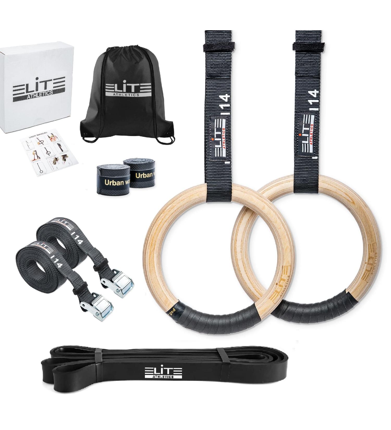Elite Athletics Wood Gymnastic Rings 32mm & 28mm Grip Set with Adjustable Straps, Grip Tape & Resistance Bands - Buy Online on SooperMarket.com