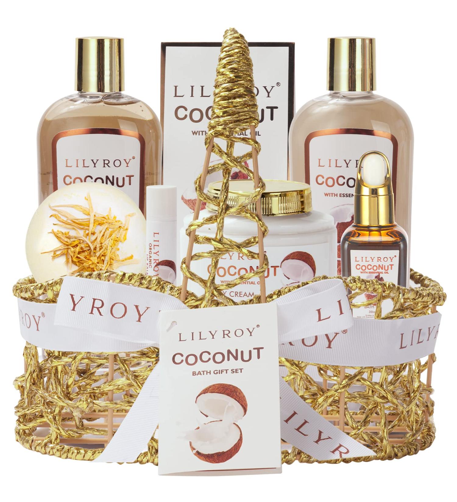 Coconut Spa Gift Set for Women - 8Pcs Spa Gift Basket with Shower Gel, Bubble Bath, Body Cream, and More in Elegant Wire Basket | Gifts for Her - Buy Online on SooperMarket.com