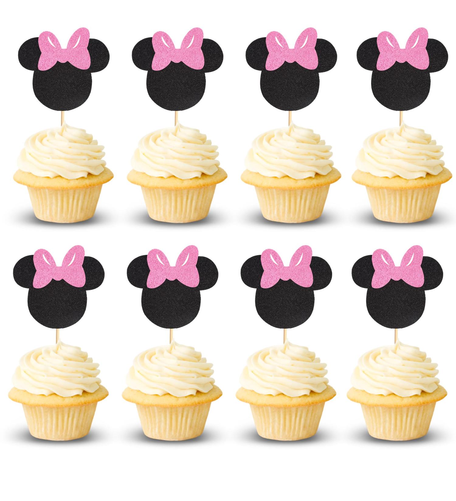 Arthsdite 24Pcs Mouse Inspired Cupcake Toppers with Pink Bow Black Glitter Mouse Cake Decorations for Baby Shower Wedding Kids Birthday Party Cake Decorations Supplies - Black Glitter - Buy Online on SooperMarket.com