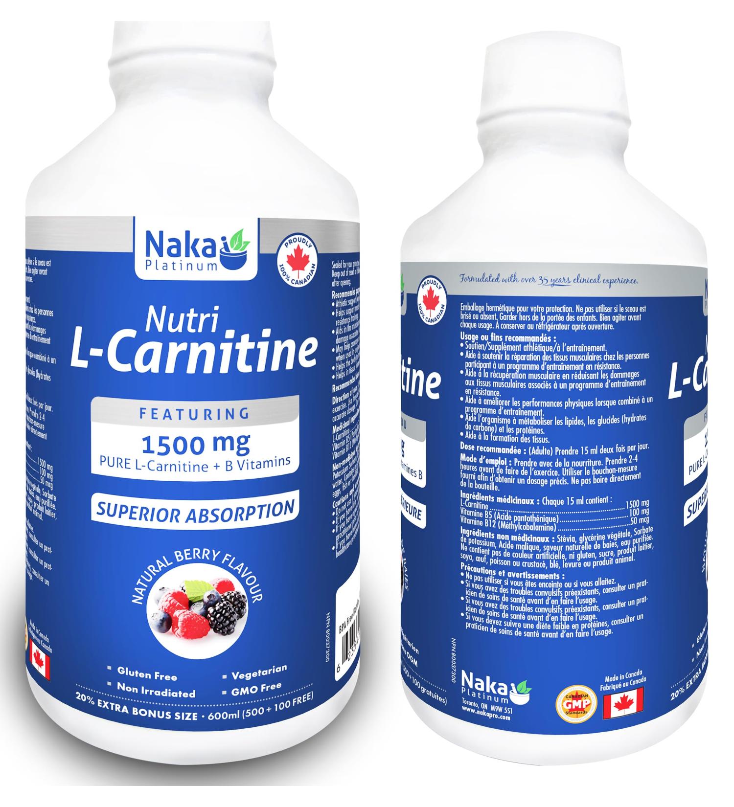 Naka Platinum Nutri L-Carnitine featuring 1500 mg Pure L-Carnitine +B Vitamins per each 15 ml serving Superior Absorption Natural Berry Flavour 20% Extra Bonus Size - 600 ml (500+100 Free) - Buy Online on SooperMarket.com