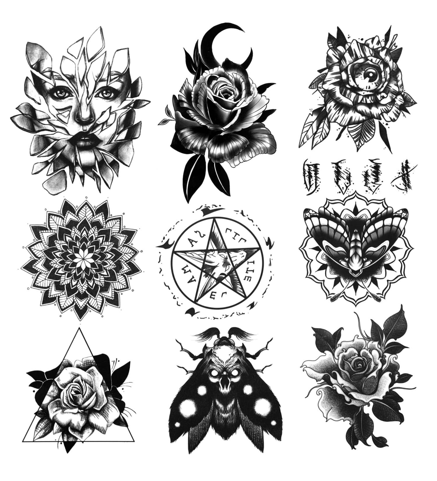 Oottati 9 Sheets Waterproof Temporary Tattoo Stickers - Halloween Black Women Moth Flower Pentagram Skull Design - Buy Online on SooperMarket.com