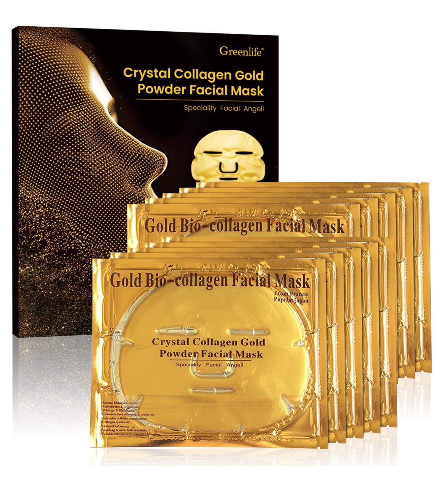 Greenlife Crystal 24K Gold Collagen face 10pcs Masks sheet - Anti Aging Wrinkles Moisturising Blemishes Firming Toning Dark Circles (10 pcs golden facial mask) - Buy Online on SooperMarket.com