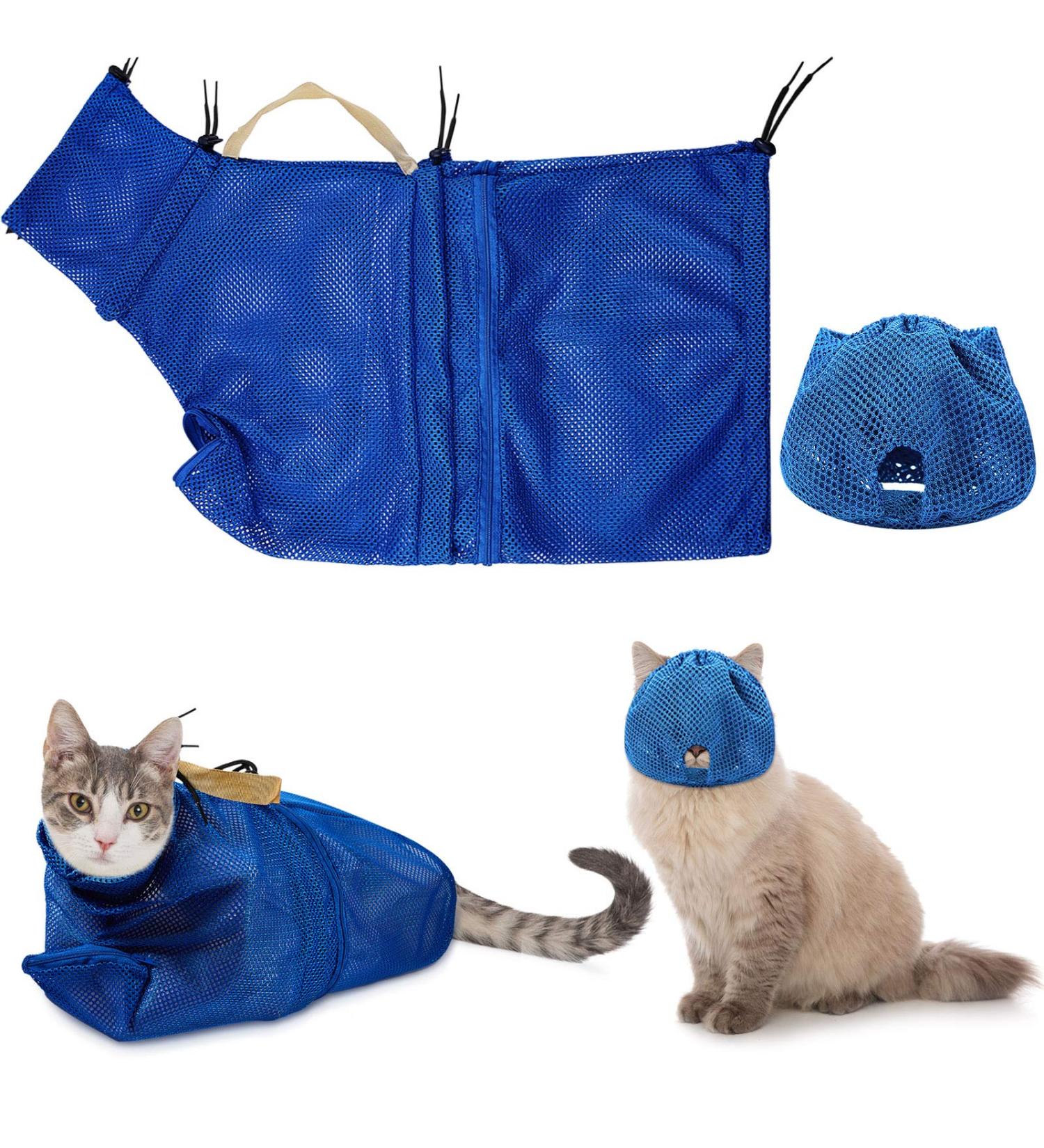 Weewooday Cat Grooming Washer Mesh Bag - 2 Pack Breathable Adjustable Muzzles for Bathing, Nail Trimming, and Feeding - Scratch-Resistant Restraint Bag in Blue - Buy Online on SooperMarket.com