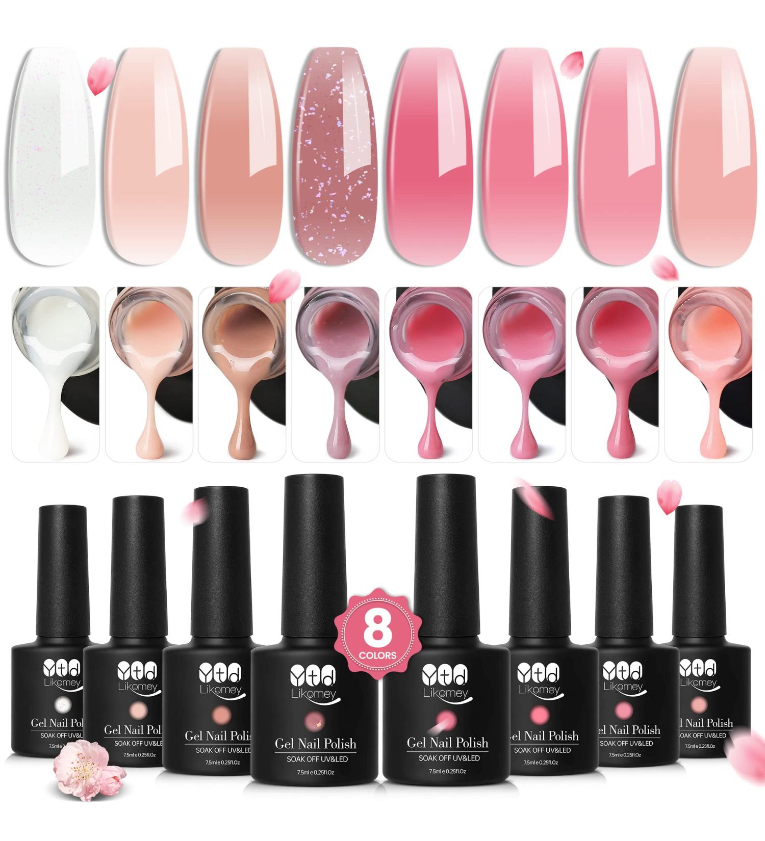 YTD Likomey Nude Gel Nail Polish Kit - 8 Colors Translucent Neutral Jelly Sheer UV Set | White Pink Glitter | 7.5ml Multicolor - Buy Online on SooperMarket.com