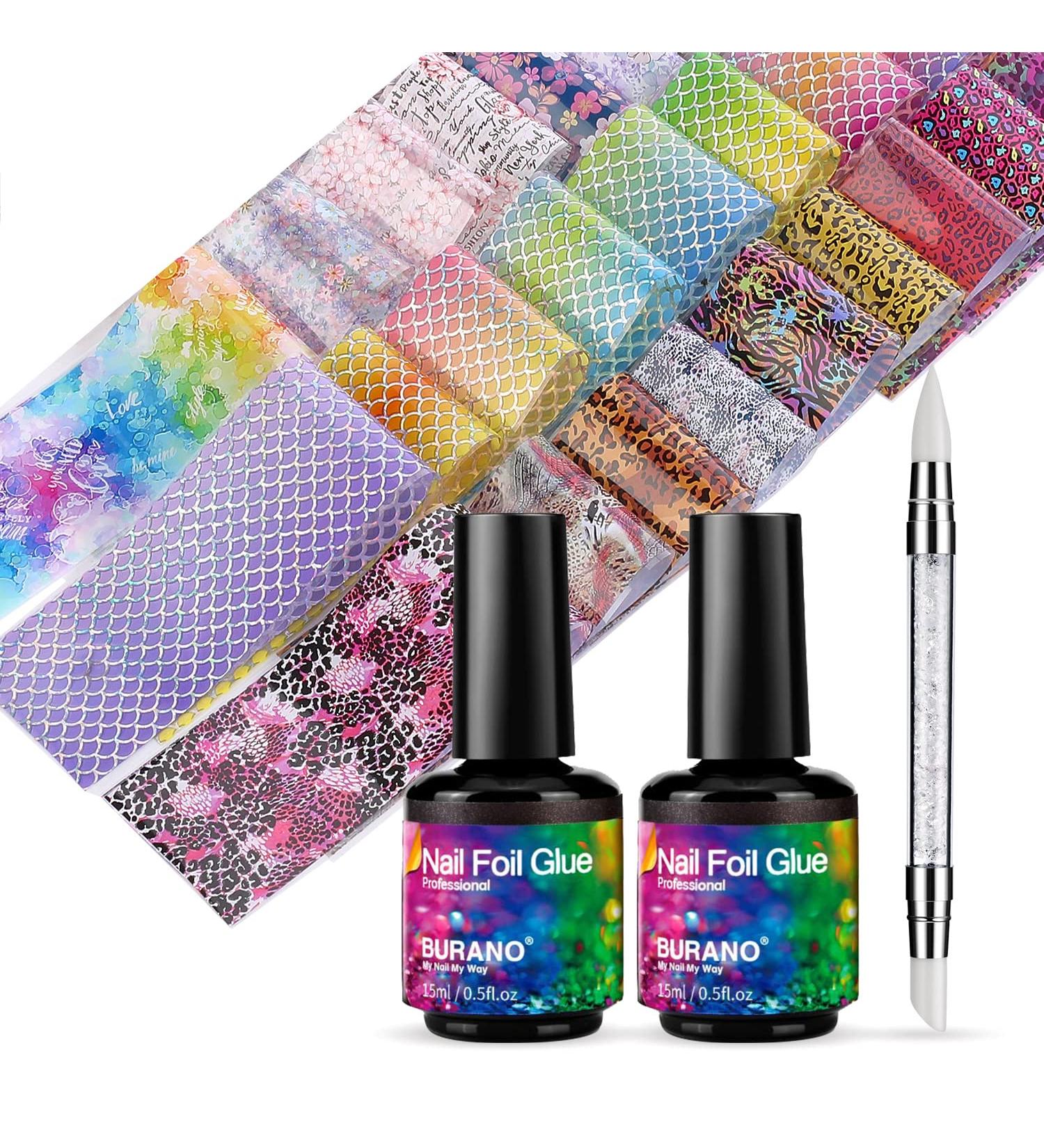 Burano Nail Foil Glue Gel Kit - 15ML x 2 Bottles with 40PCS Stickers | Nail Art Designer Adhesive Transfer Foil Gel for Gel Nails - Buy Online on SooperMarket.com