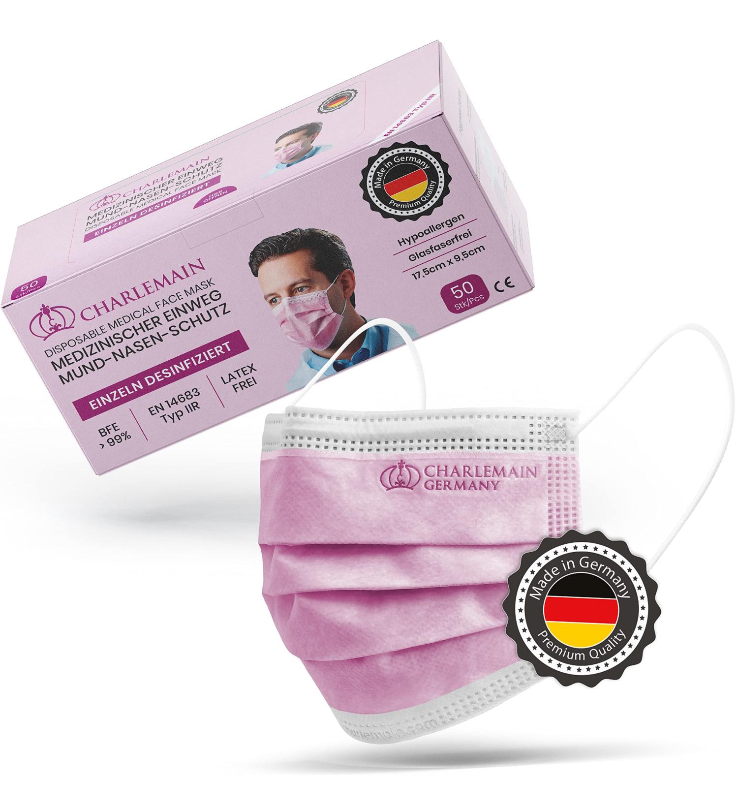 Charlemain 50x Pink Medical Face Masks - EN 14683 Type IIR BFE 99.9% 3-Layer Latex-Free Mouth-Nose Protection | International Shipping - Buy Online on SooperMarket.com