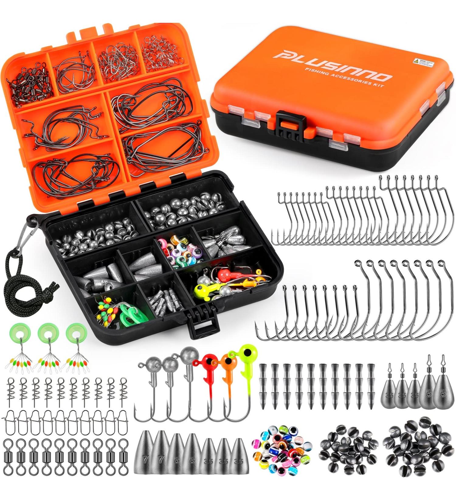 PLUSINNO 201pcs Fishing Accessories Kit in Tackle Box - Hooks, Weights, Split Shot Gear for Bass, Trout, Catfish - Buy Online on SooperMarket.com