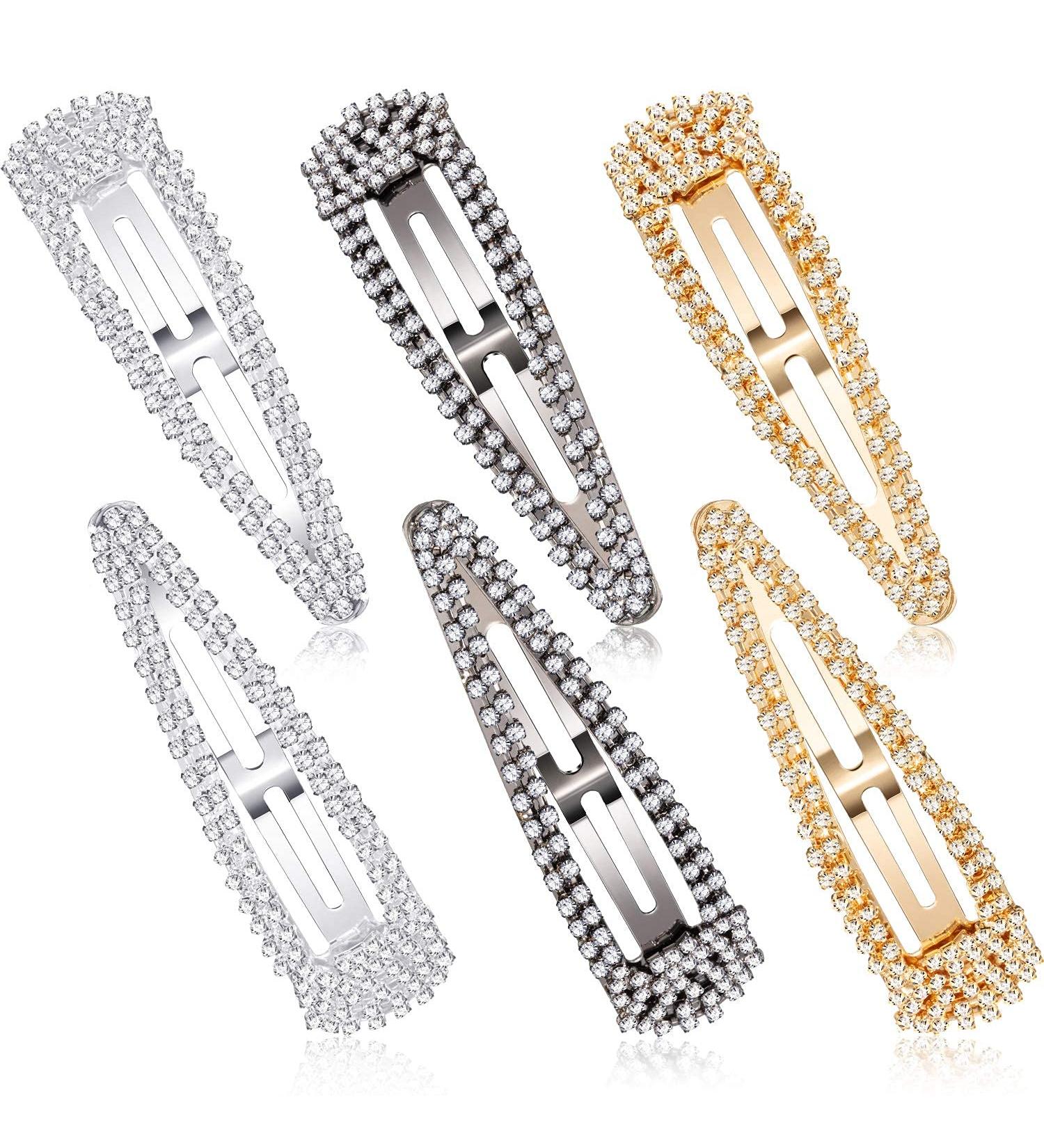 6 Pieces 4 Inch Rhinestone Snap Hair Clips Hair Barrettes Hairpins Crystal Metal Hair Clips for Women Girls Wedding Hair Accessories (Black Silver Gold) - Buy Online on SooperMarket.com