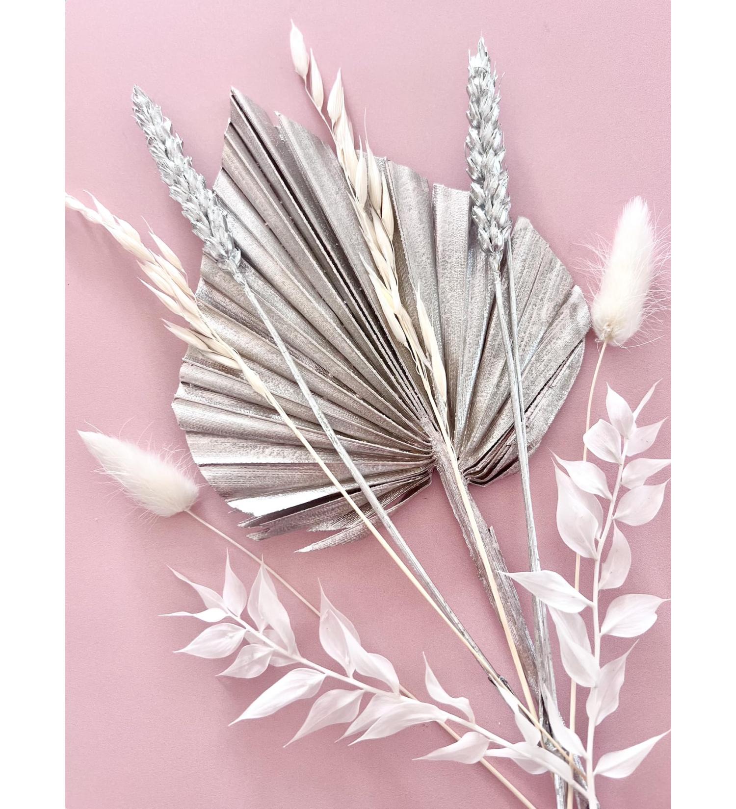 Dried Flowers for cakes decoration silver white cream neutral grey palm spear leaves pampus bunny tails ruscus oats phalaris cupcake home room decor SILVER SPEAR
