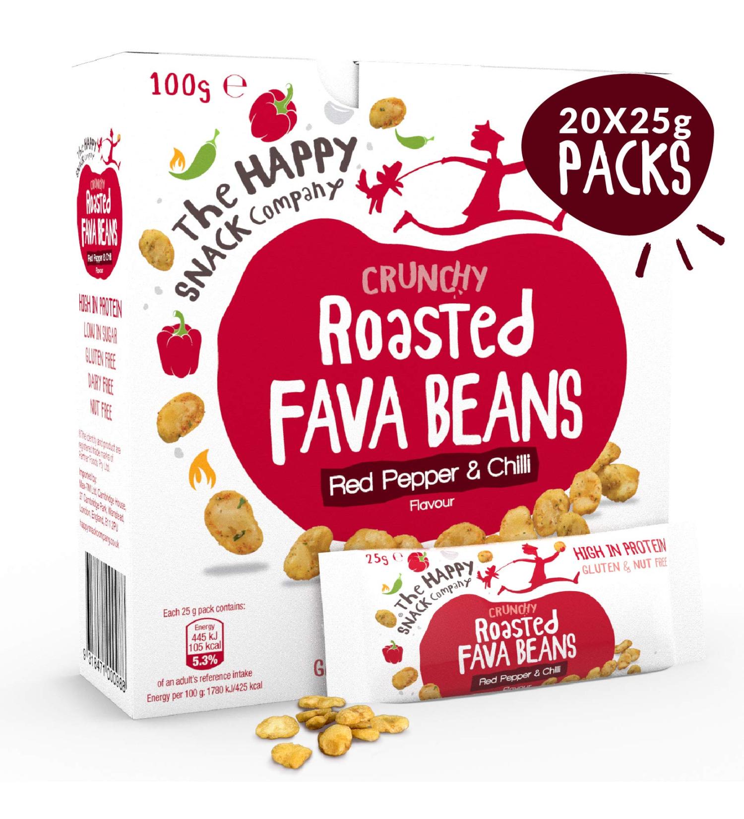 Healthy Vegan Roasted Fava Beans - Red Pepper & Chilli Snacks | Gluten-Free Protein-Rich 20 Pack (25g each) - The Happy Snack Company - Buy Online on SooperMarket.com