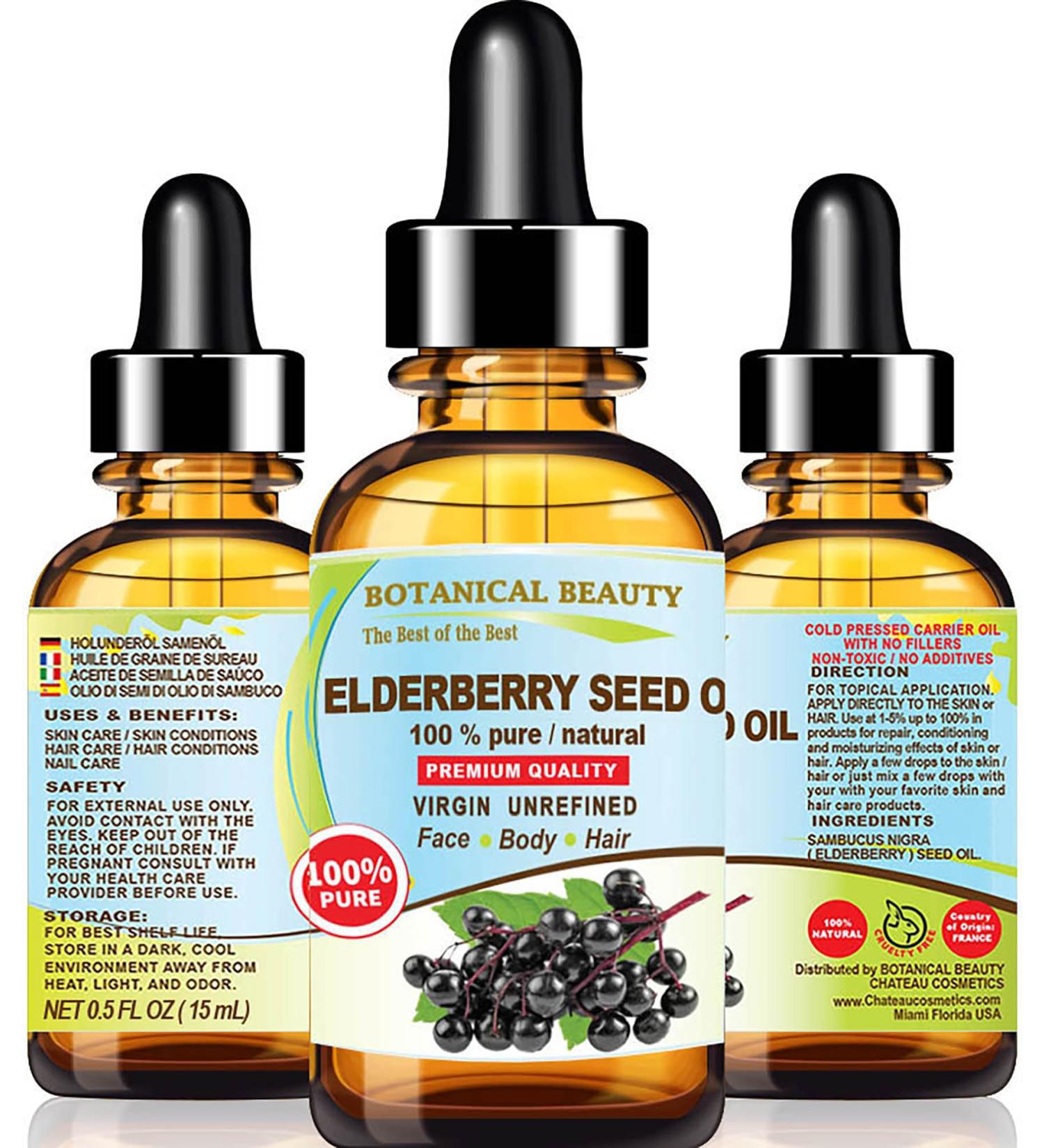 Shop 100% Pure Belgian Elderberry Seed Oil - Cold Pressed for Face Skin Hair & Nails | Botanical Beauty 15ml - Buy Online on SooperMarket.com
