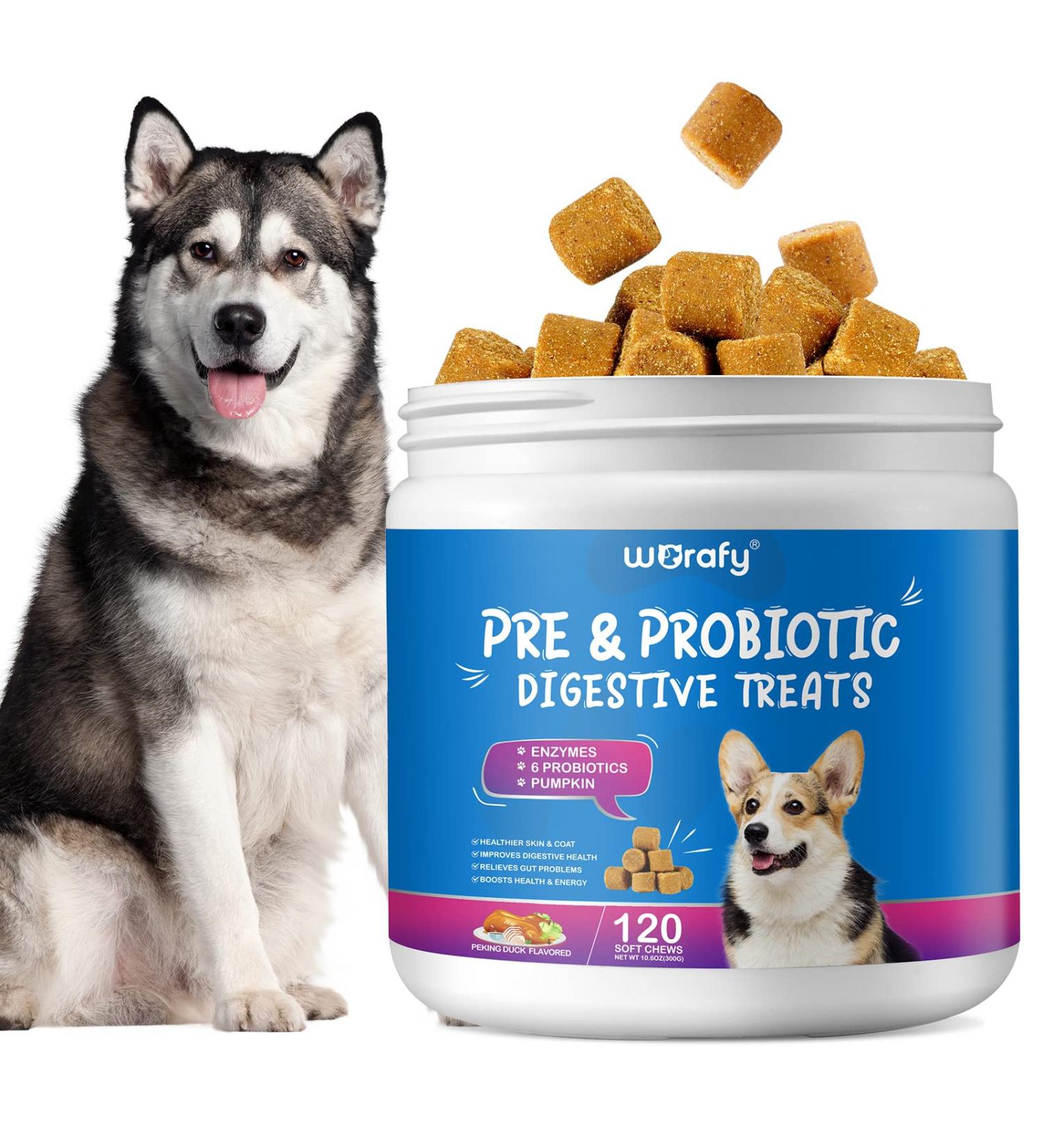 Pre and Probiotics for Dogs - Probiotic Dog Chews Support Digestive Health Gut Health Itchy Skin Yeast Balance Allergies Immune Health - Duck Flavor - 120 Soft Chews - All Ages All Breeds - Buy Online on SooperMarket.com