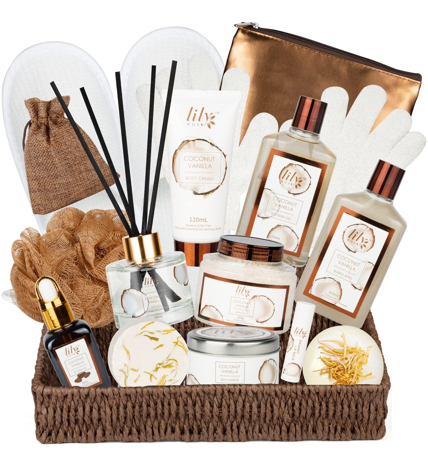 Coconut Vanilla Spa Bath Gift Set for Women - 17pcs Spa Kit with Shower Gel, Bubble Bath, and Bath Bomb Basket - Perfect for Holidays and Special Occasions - Buy Online on SooperMarket.com
