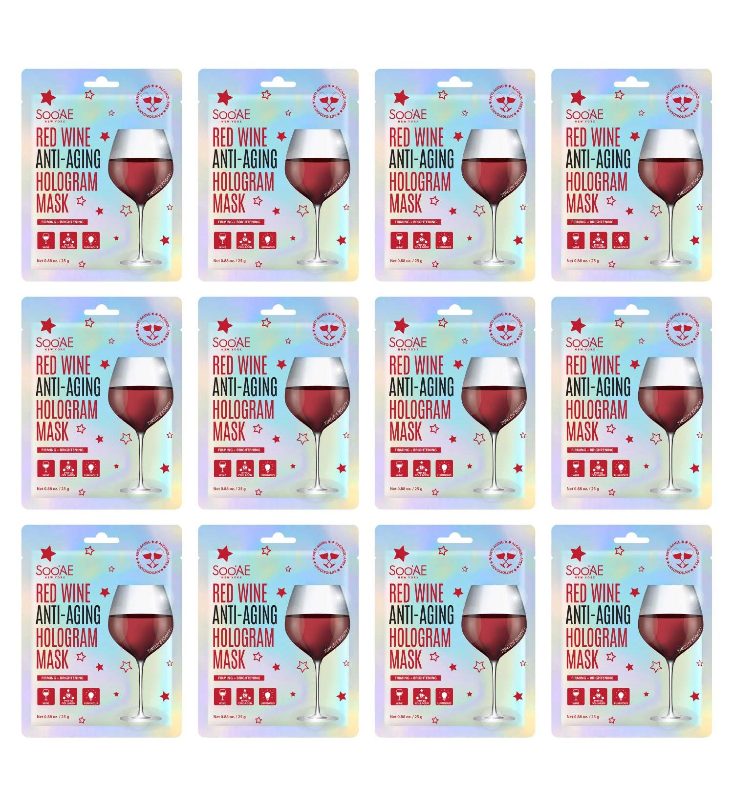 Soo AE Red Wine Anti-Aging Hologram Mask - 12 Count | Premium Skincare for Youthful Glow - Buy Online on SooperMarket.com
