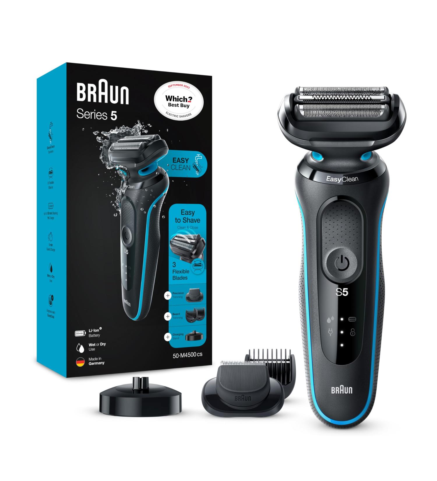 Braun Series 5 Electric Shaver with Beard Trimmer & Charging Stand | Wet & Dry, 100% Waterproof | Easy Clean System, 2 Pin Plug | Which Best Buy S5 50-M4500cs Mint Razor - Buy Online on SooperMarket.com