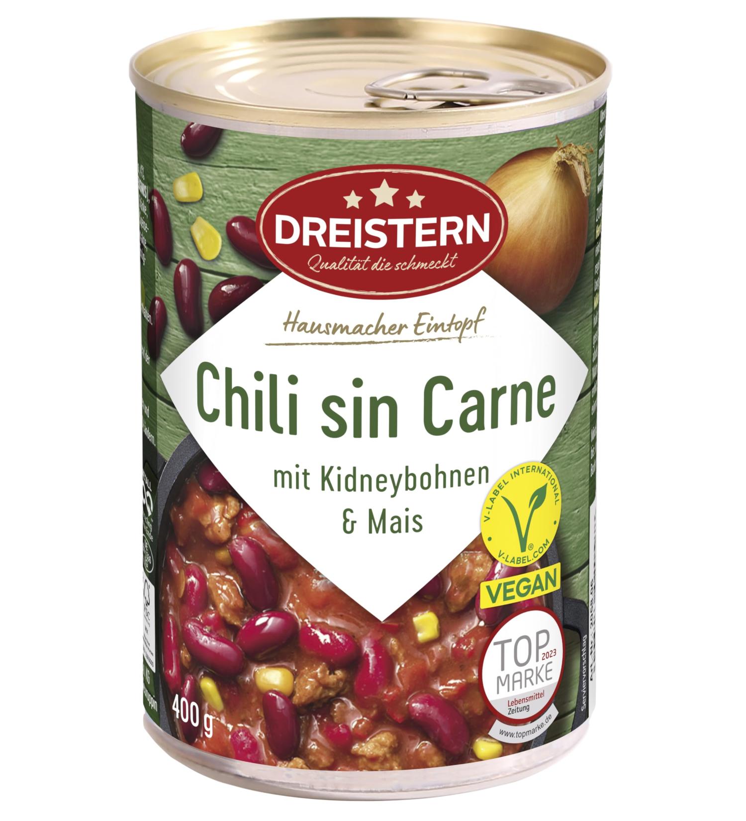 Three Star Chili Sin Carne 400g | Vegan Stew in Recyclable Can | Hearty Vegetarian Chili with Soy Beans & Corn - Buy Online on SooperMarket.com