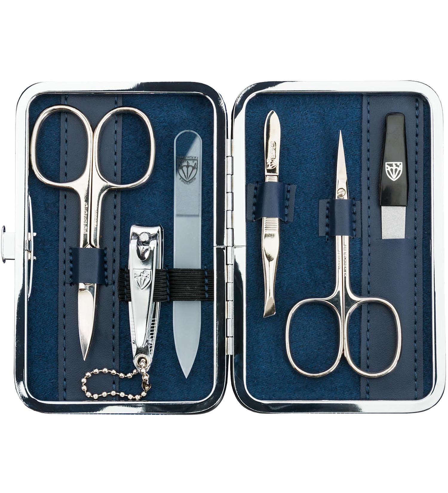Three Swords Germany 6 pcs Manicure Set 'Genova' | Nail Care Kit with Scissors Clippers & Glass Files in Textile Jeans Blue - International Shipping - Buy Online on SooperMarket.com