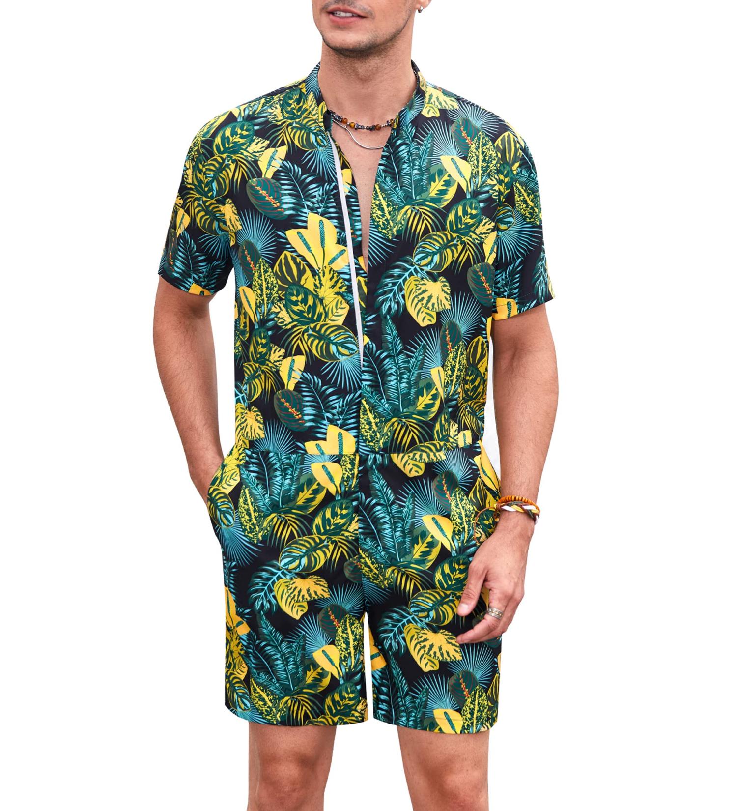 COOFANDY Men's Hawaiian Floral Romper Shorts - Black Leaves, X-Large - Buy Online on SooperMarket.com