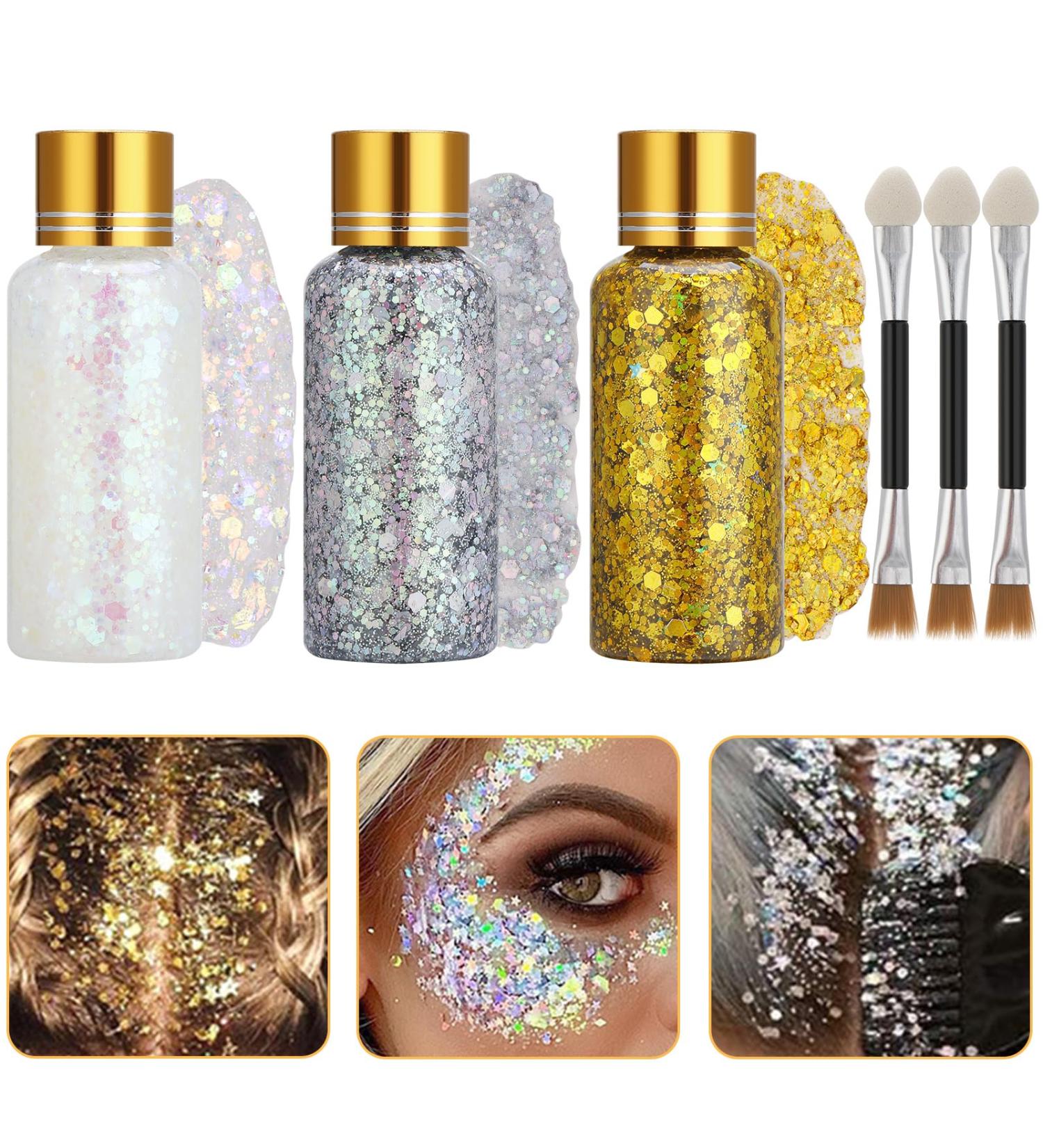 3Pcs Body Glitter Gel 50ml Face Glitters Body Gel Sequins Holographic Sparkling Lotion Glitter with 3 Brushes Face and Body Gel Liquid Eyeshadow Sequins Glitter - Buy Online on SooperMarket.com