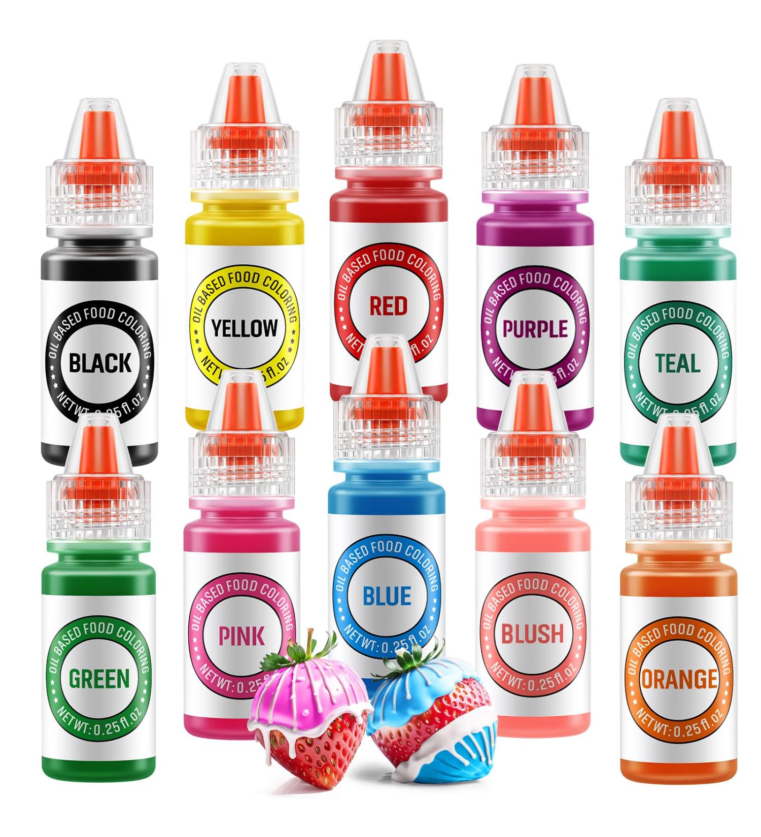 Oil Based Food Coloring Set for Chocolate - 10 Colors Oil Based Edible Food Dye for Sugar Candy Melts Oil Frosting Icing Dye for Baking Cookies Cake Decorating - 0.25 Fl. Oz/Bottles 6 ml (Pack of 10) - Buy Online on SooperMarket.com