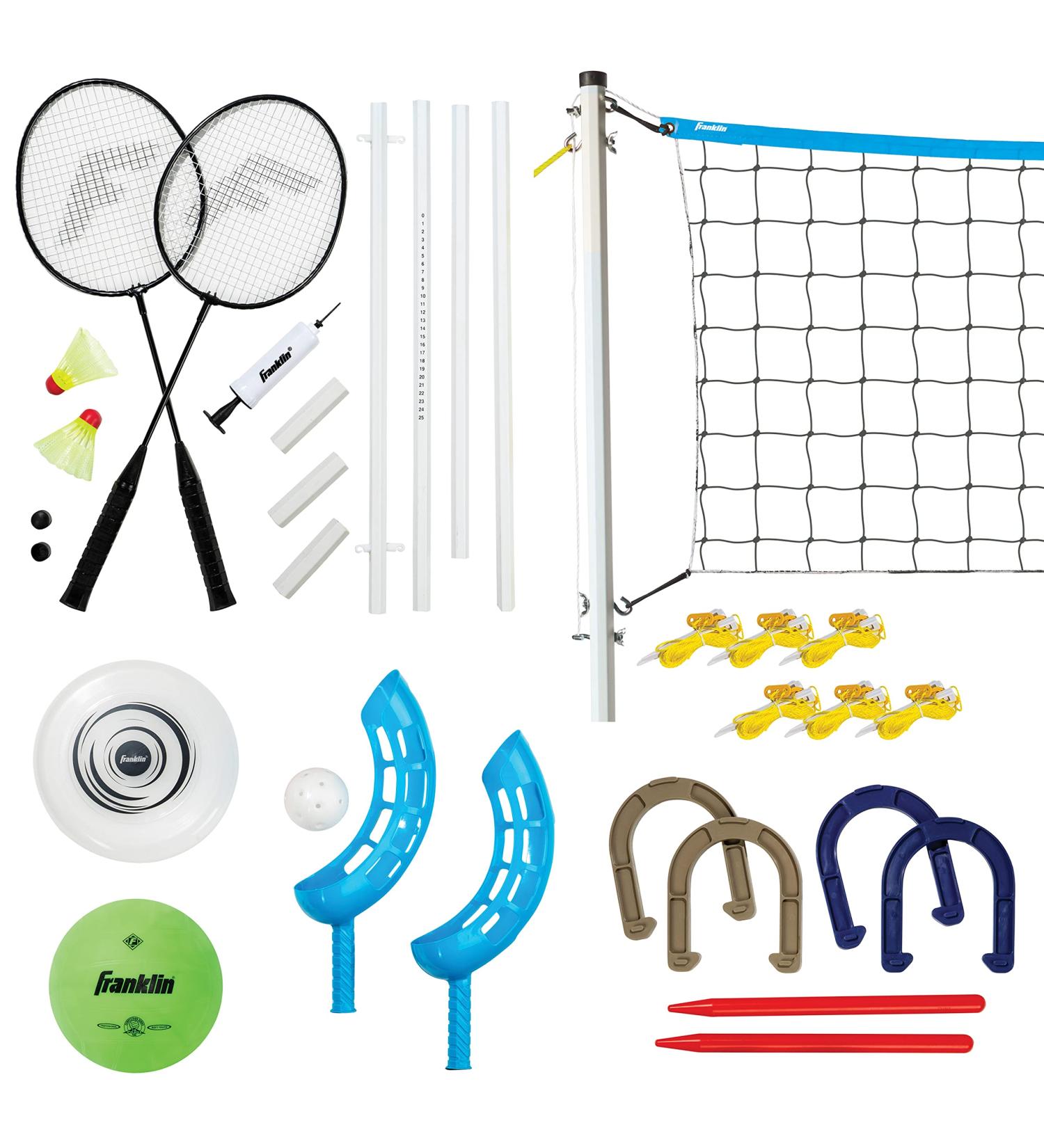 Franklin Sports Fun 5 Combo Outdoor Game Set - Backyard  Beach + Camping Games for Kids - Badminton  Volleyball  Flip Toss  Flying Disc - Horseshoes or Ring Toss Combo Set with Horseshoes - Buy Online on SooperMarket.com