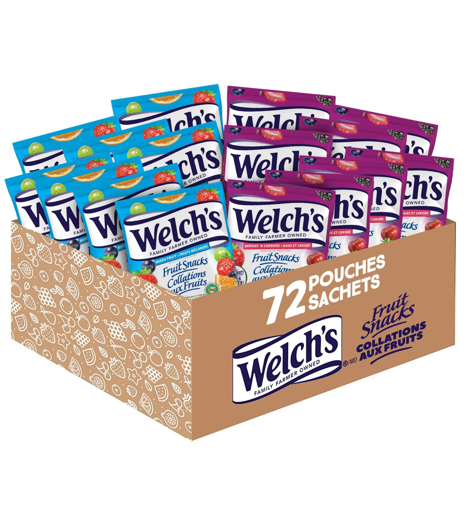 Welch's Fruit Snacks Mixed Fruit & Berries 'N Cherries Bulk Pack Gluten Free Individual Single Serve Bags 22g (Pack of 72) - Buy Online on SooperMarket.com