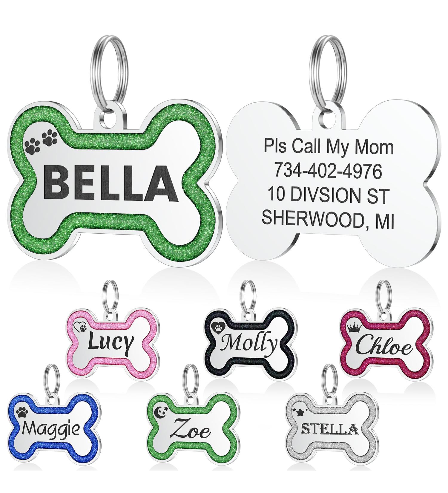 Yhananti Personalized Dog Tag - Engraved Glitter Bones Pendant for Small to Medium Dogs - Stainless Steel Custom Name & Contact Info (Green) - Buy Online on SooperMarket.com