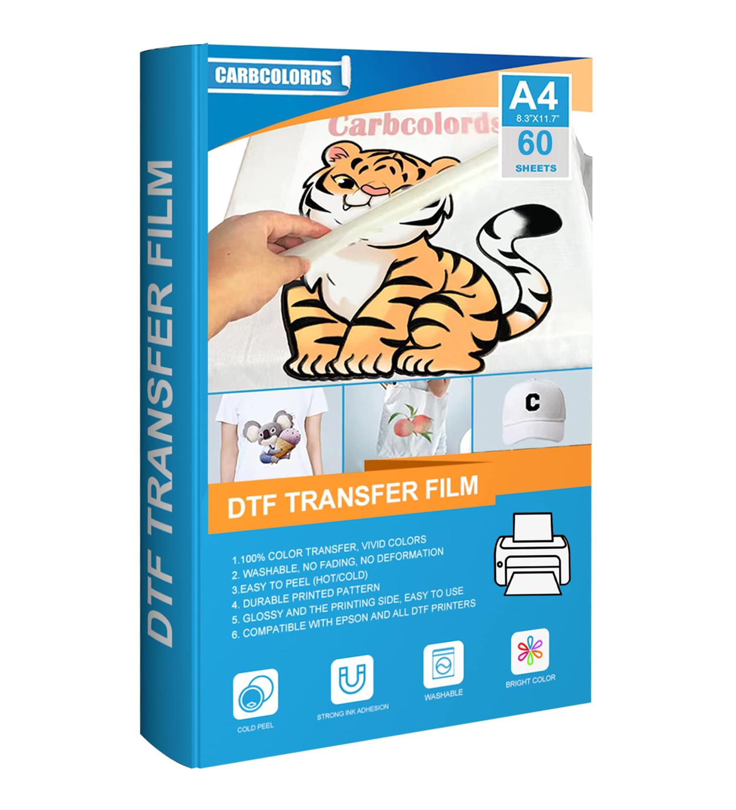 Carbcolords DTF Transfer Film - 60 Sheets A4 PET Clear PreTreat Heat Transfer Paper for T-Shirts - 60 PCS - Buy Online on SooperMarket.com