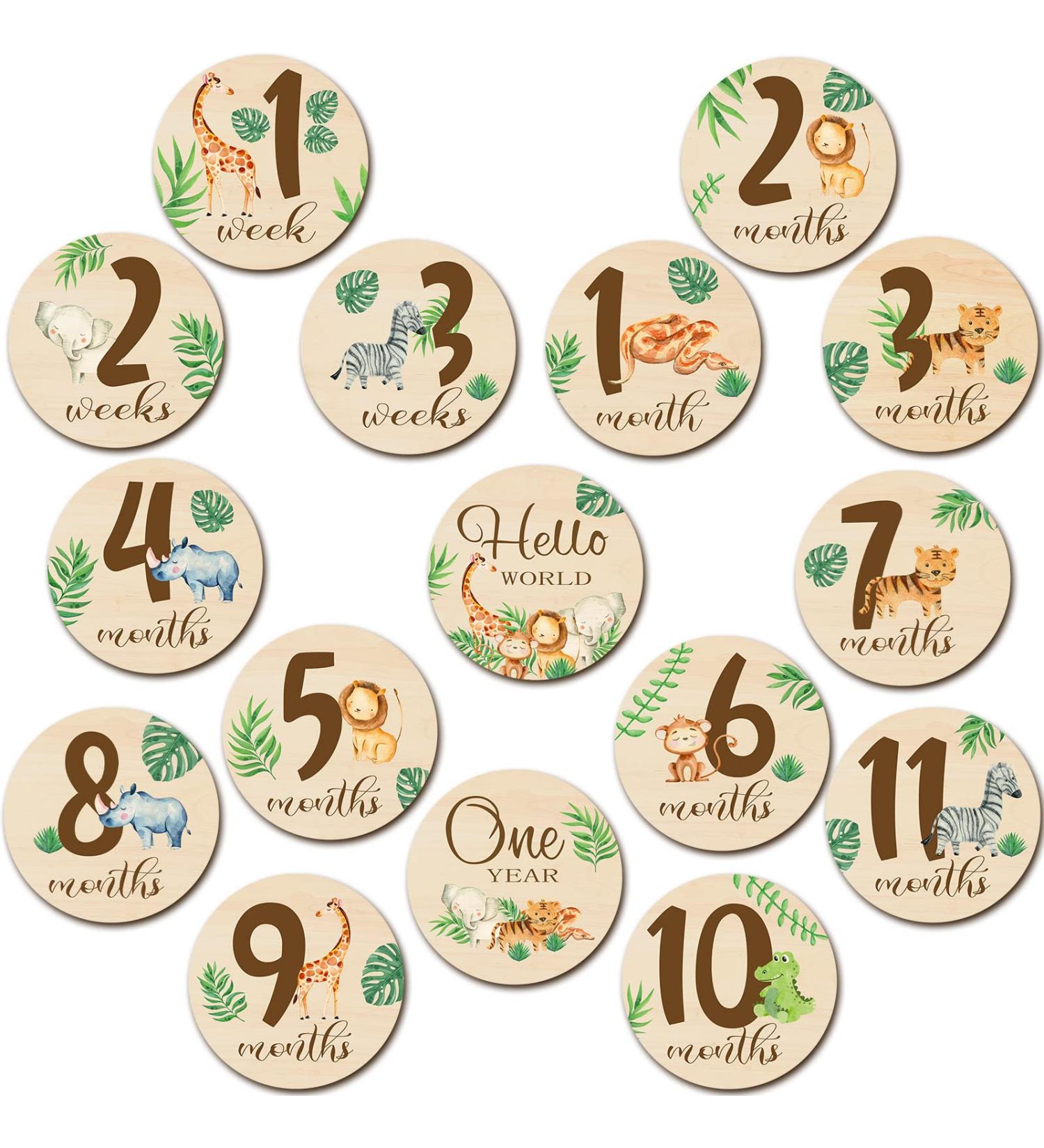 16-Piece Wooden Jungle Animal Baby Milestone Cards | Double-Sided Safari Monthly Markers for Newborn Photos | Baby Shower Photo Props - Buy Online on SooperMarket.com